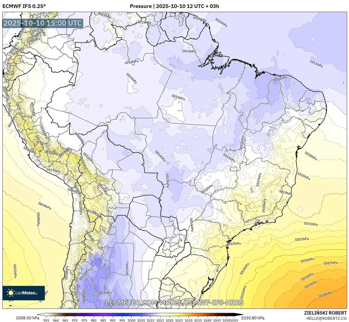ECMWF IFS 0.25° model - Brazil, Pressure ECMWF IFS 0.25° model - Brazil, Pressure
