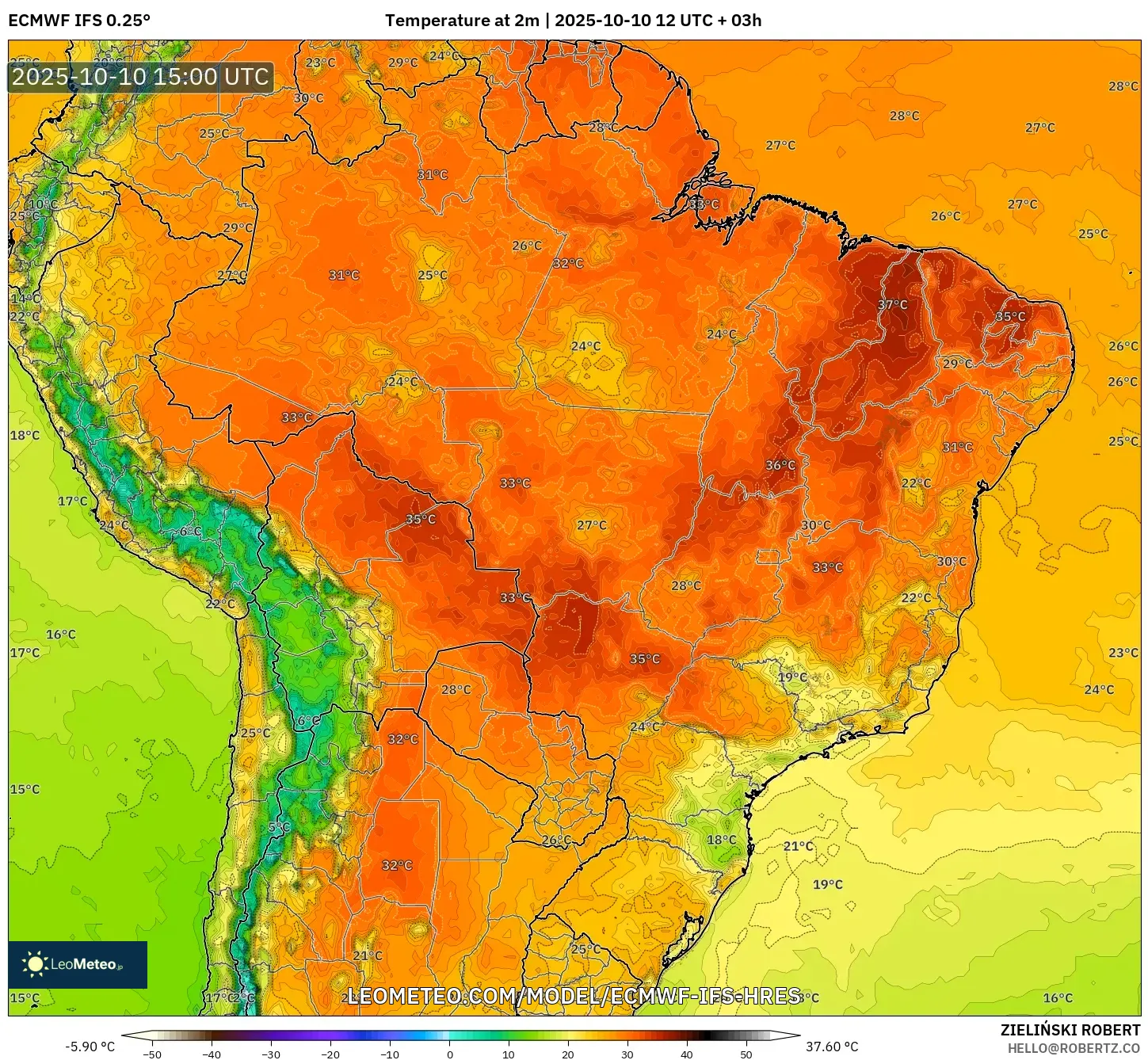 ECMWF IFS 0.25° model - Brazil, Temperature at 2m ECMWF IFS 0.25° model - Brazil, Temperature at 2m