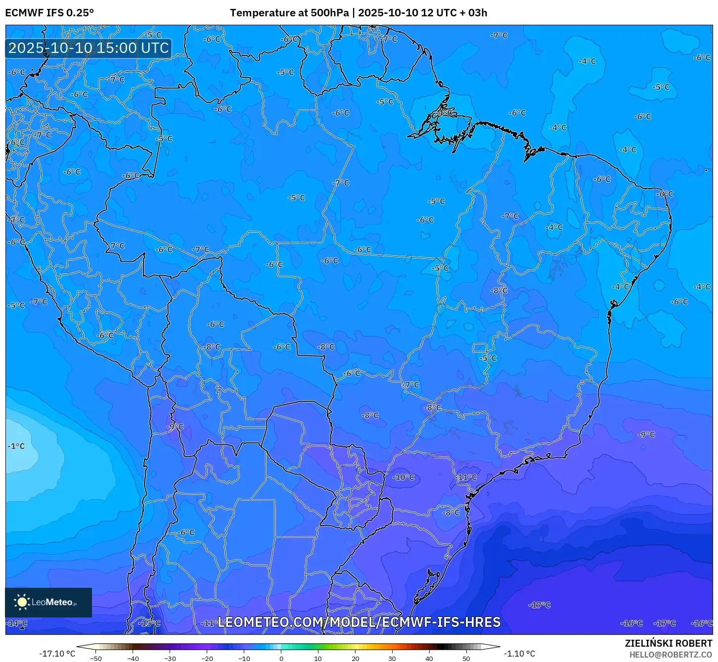 ECMWF IFS 0.25° model - Brazil, Temperature at 500hPa ECMWF IFS 0.25° model - Brazil, Temperature at 500hPa
