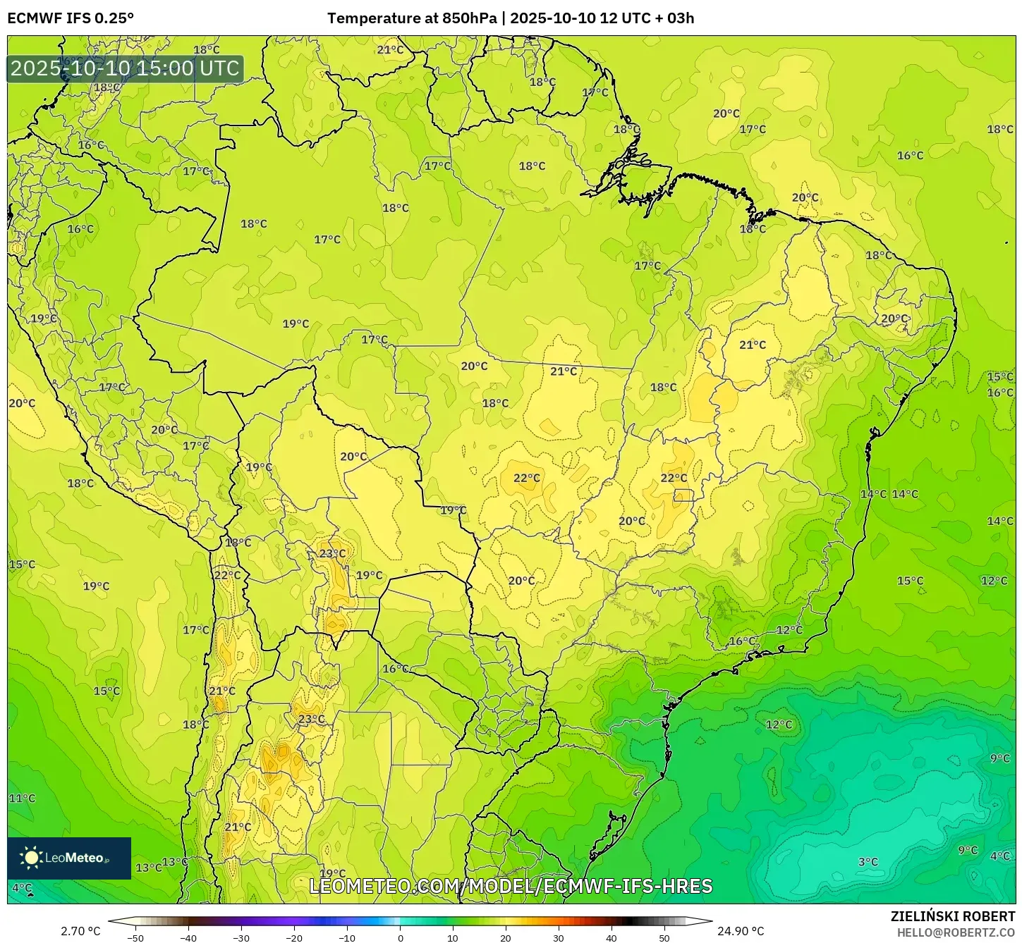 ECMWF IFS 0.25° model - Brazil, Temperature at 850hPa ECMWF IFS 0.25° model - Brazil, Temperature at 850hPa