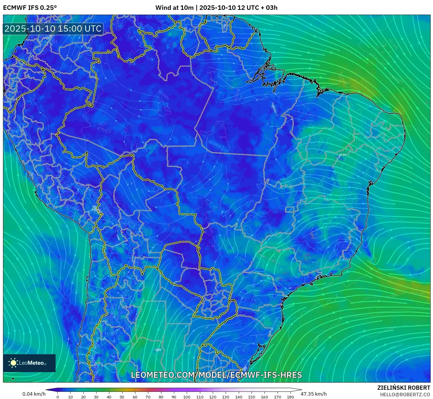 ECMWF IFS 0.25° model - Brazil, Wind at 10m
