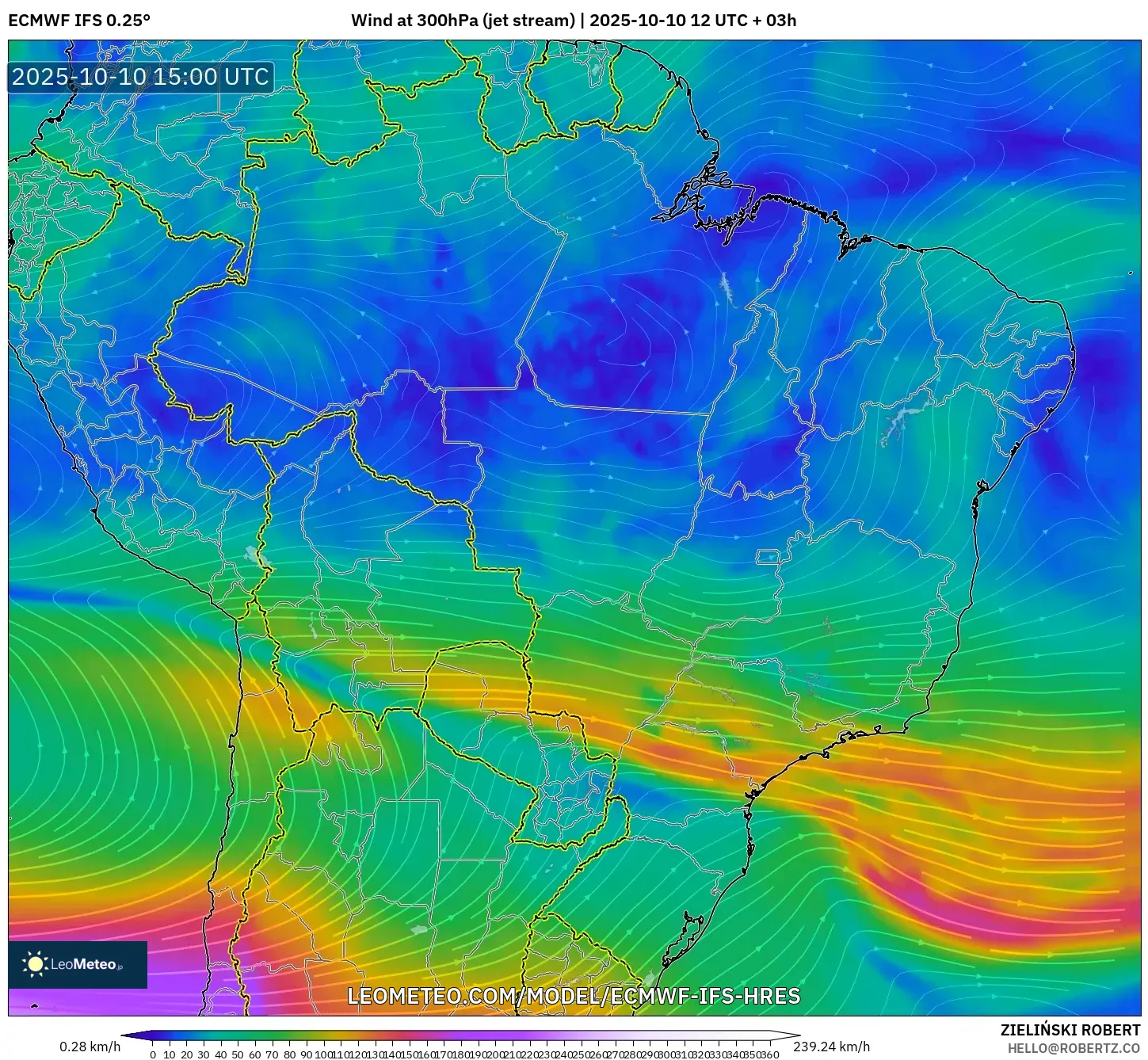 ECMWF IFS 0.25° model - Brazil, Wind at 300hPa (jet stream) ECMWF IFS 0.25° model - Brazil, Wind at 300hPa (jet stream)