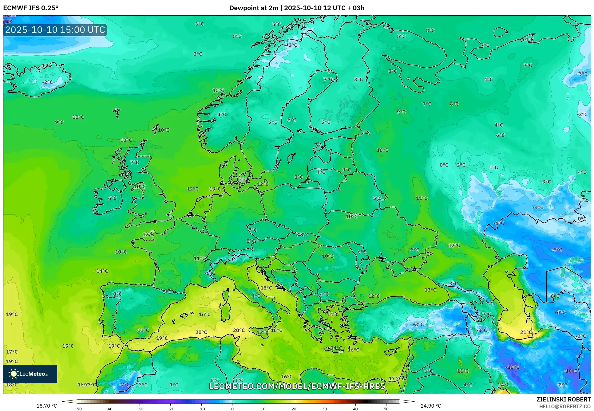 ECMWF IFS 0.25° model - Europe, Dewpoint at 2m ECMWF IFS 0.25° model - Europe, Dewpoint at 2m