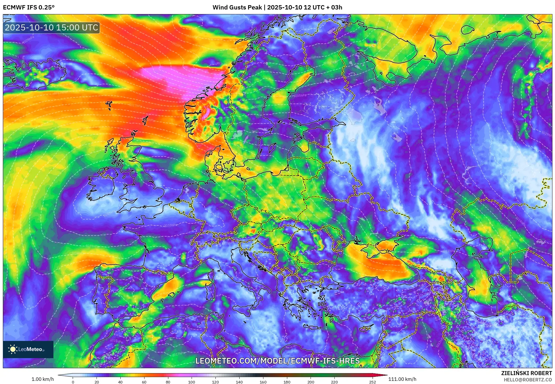 ECMWF IFS 0.25° model - Europe, Wind Gusts Peak ECMWF IFS 0.25° model - Europe, Wind Gusts Peak