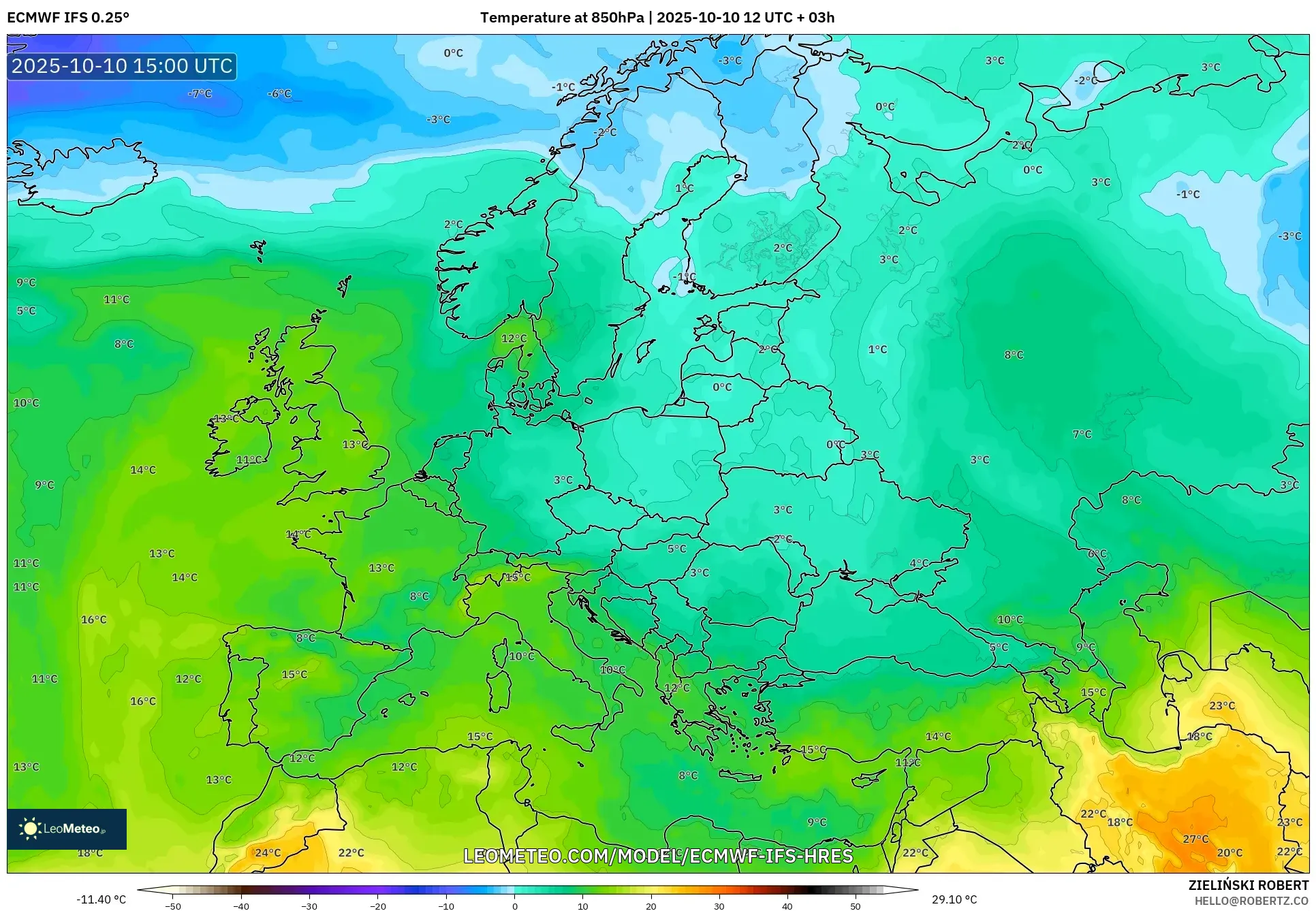 ECMWF IFS 0.25° model - Europe, Temperature at 850hPa ECMWF IFS 0.25° model - Europe, Temperature at 850hPa