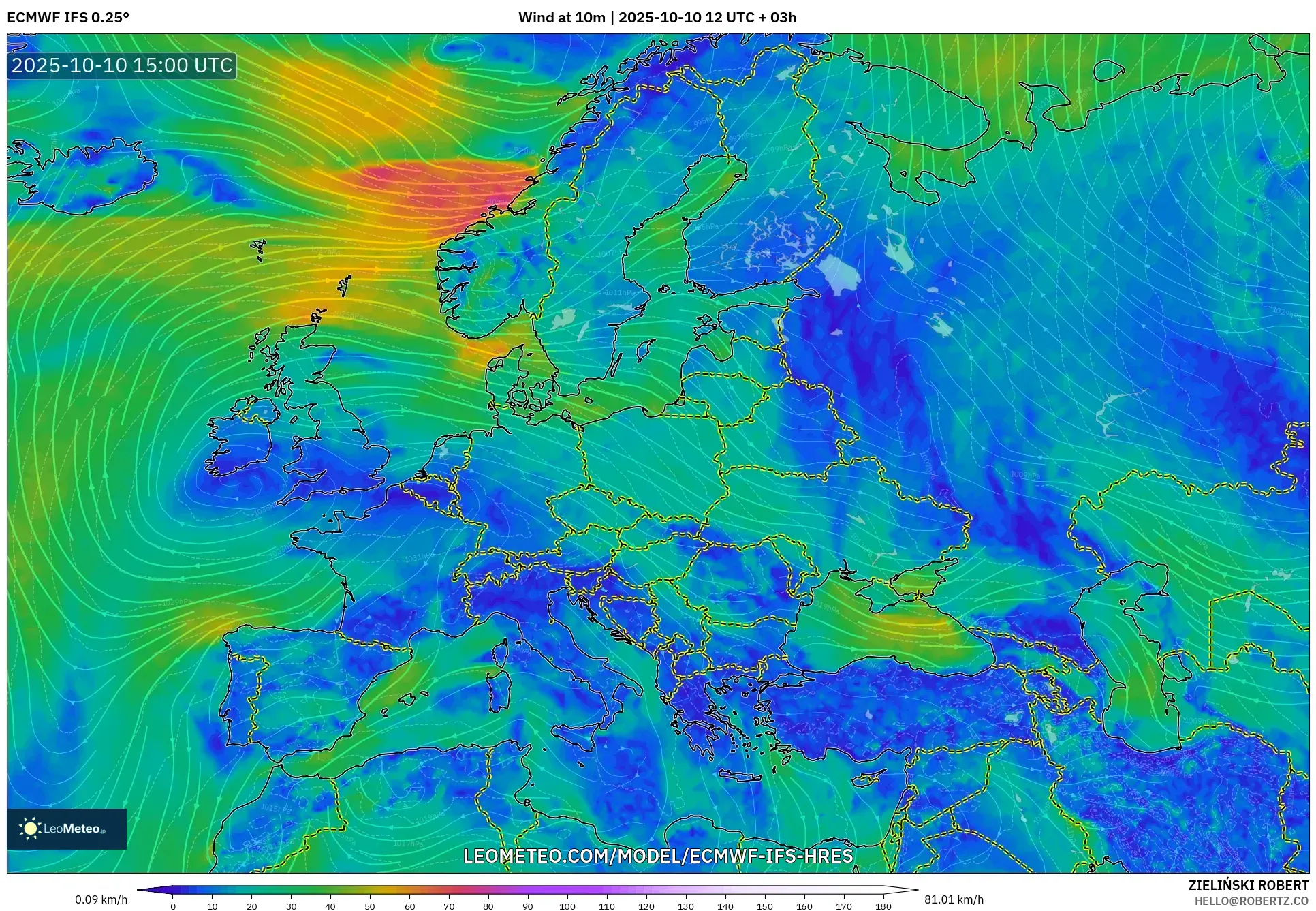 ECMWF IFS 0.25° model - Europe, Wind at 10m ECMWF IFS 0.25° model - Europe, Wind at 10m