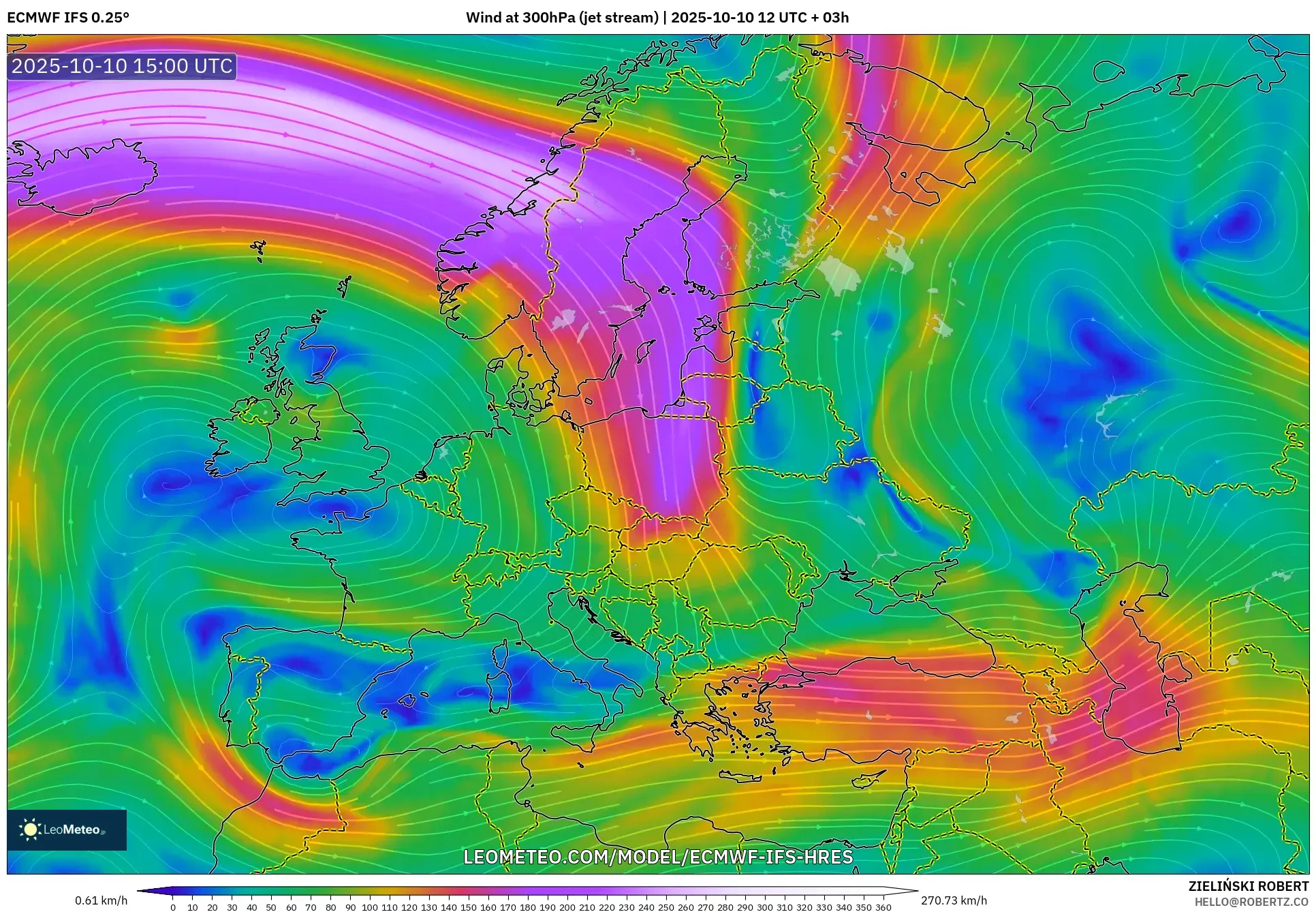 ECMWF IFS 0.25° model - Europe, Wind at 300hPa (jet stream) ECMWF IFS 0.25° model - Europe, Wind at 300hPa (jet stream)