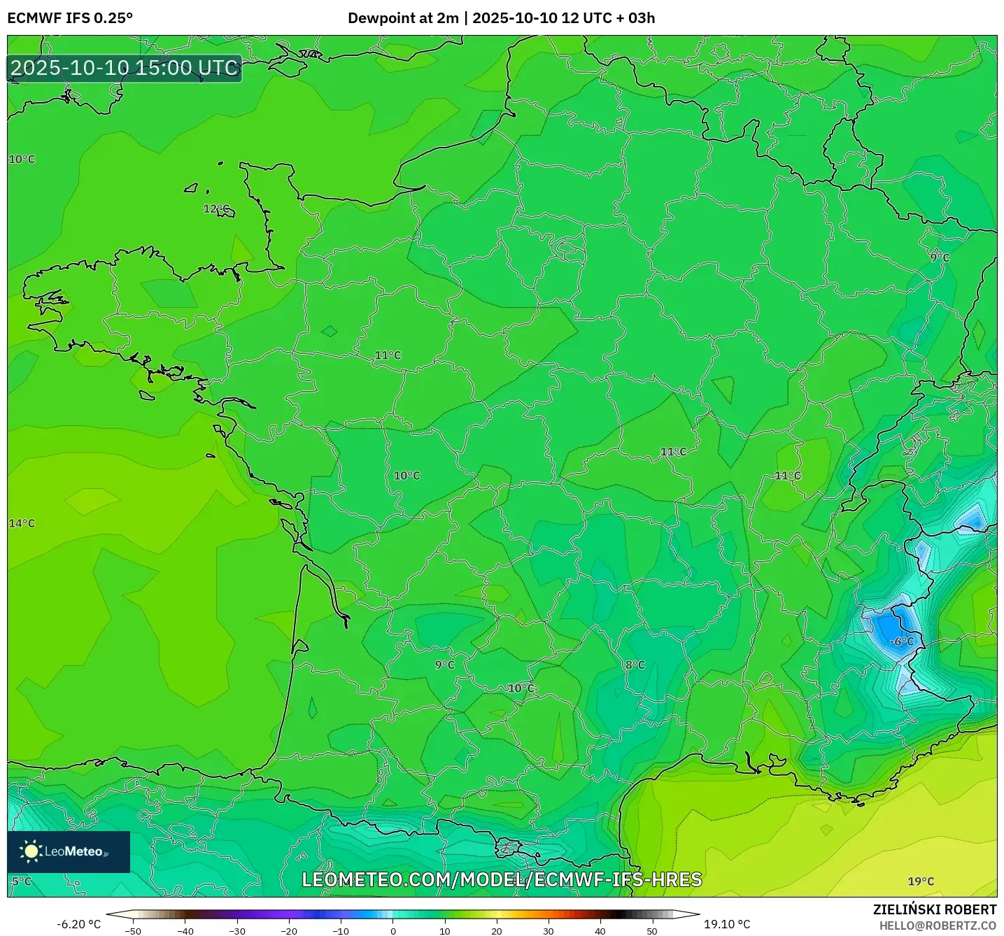 ECMWF IFS 0.25° model - France, Dewpoint at 2m ECMWF IFS 0.25° model - France, Dewpoint at 2m
