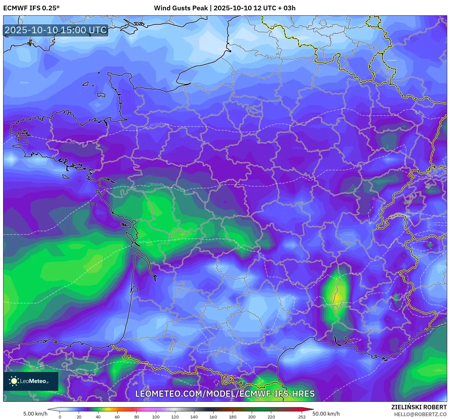 ECMWF IFS 0.25° model - France, Wind Gusts Peak ECMWF IFS 0.25° model - France, Wind Gusts Peak