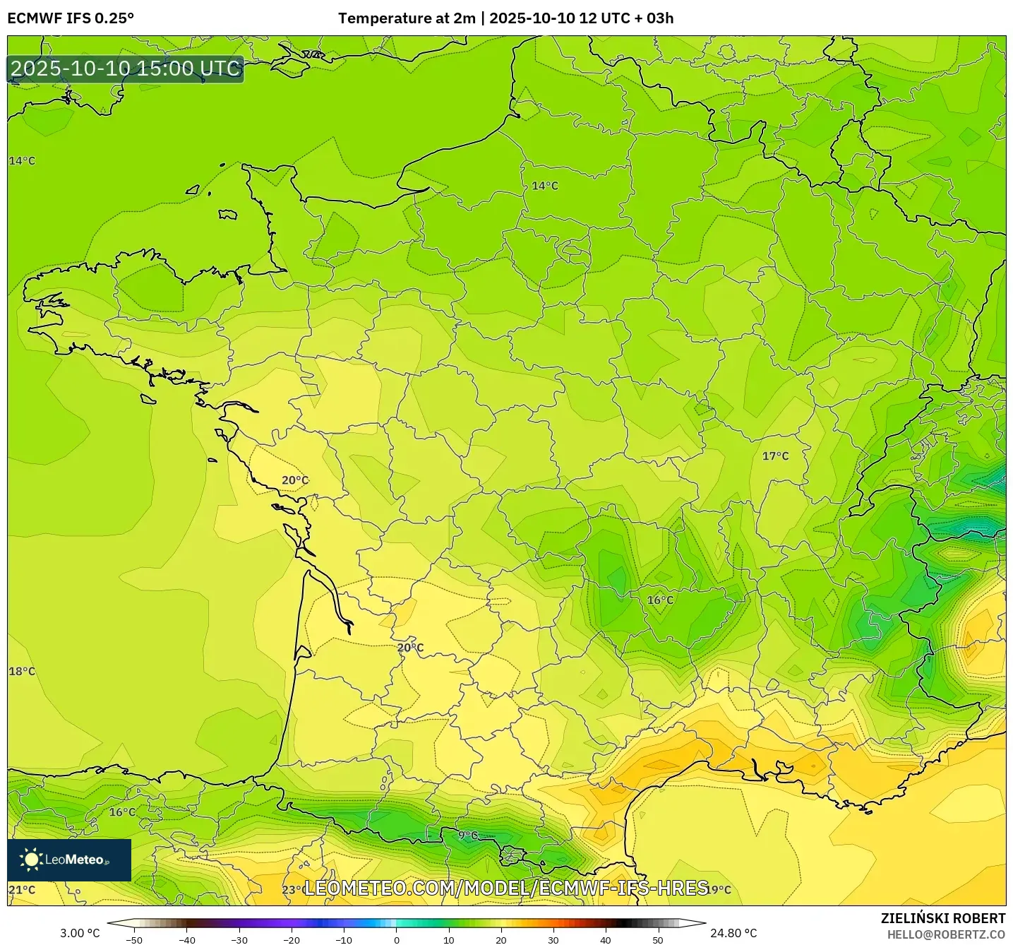 ECMWF IFS 0.25° model - France, Temperature at 2m ECMWF IFS 0.25° model - France, Temperature at 2m