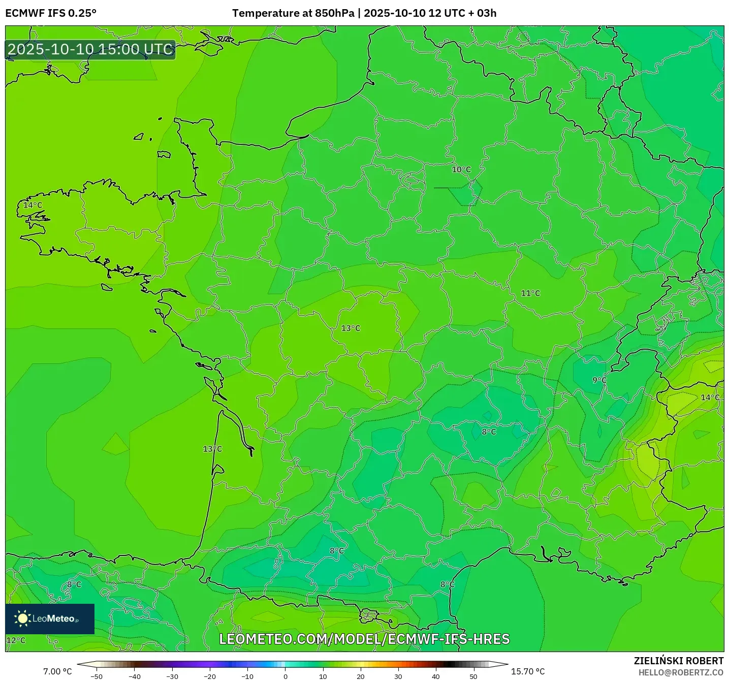 ECMWF IFS 0.25° model - France, Temperature at 850hPa ECMWF IFS 0.25° model - France, Temperature at 850hPa
