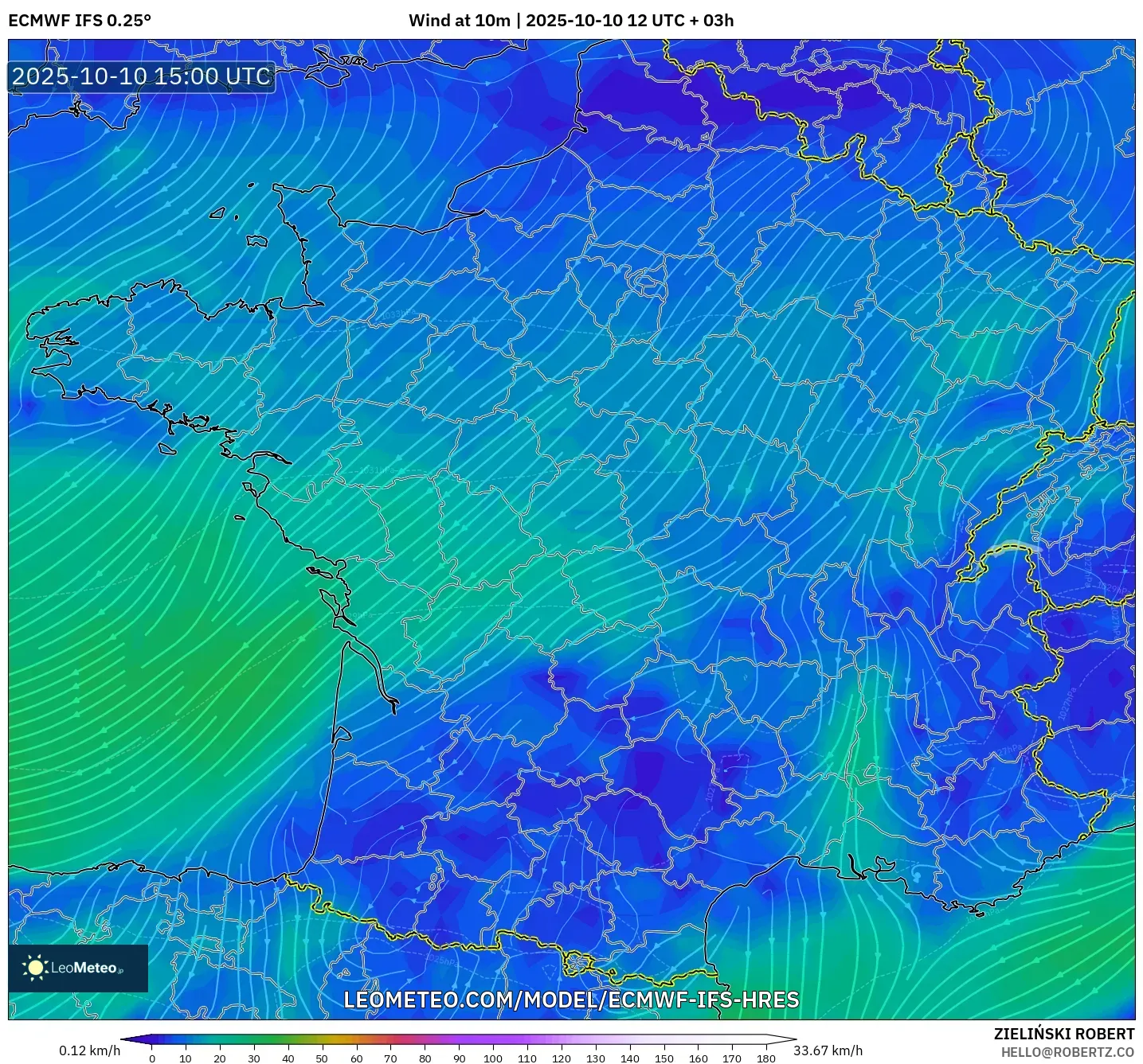 ECMWF IFS 0.25° model - France, Wind at 10m ECMWF IFS 0.25° model - France, Wind at 10m