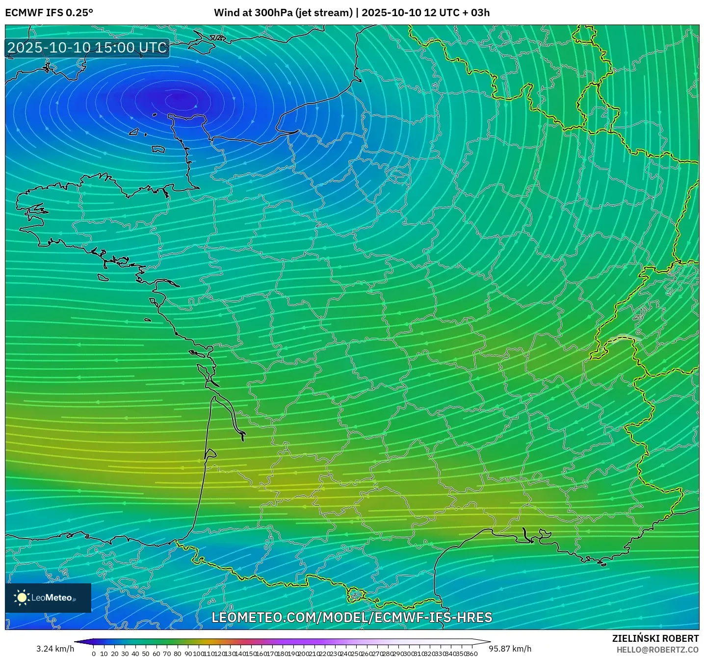 ECMWF IFS 0.25° model - France, Wind at 300hPa (jet stream) ECMWF IFS 0.25° model - France, Wind at 300hPa (jet stream)
