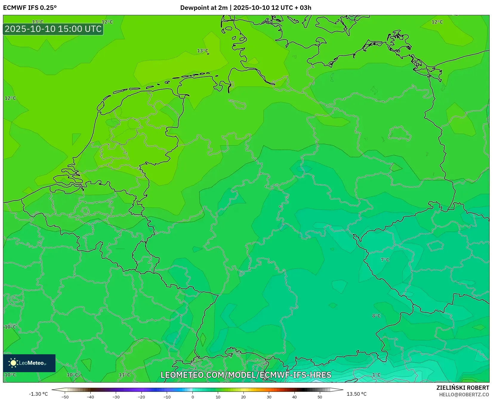 ECMWF IFS 0.25° model - Germany, Dewpoint at 2m ECMWF IFS 0.25° model - Germany, Dewpoint at 2m