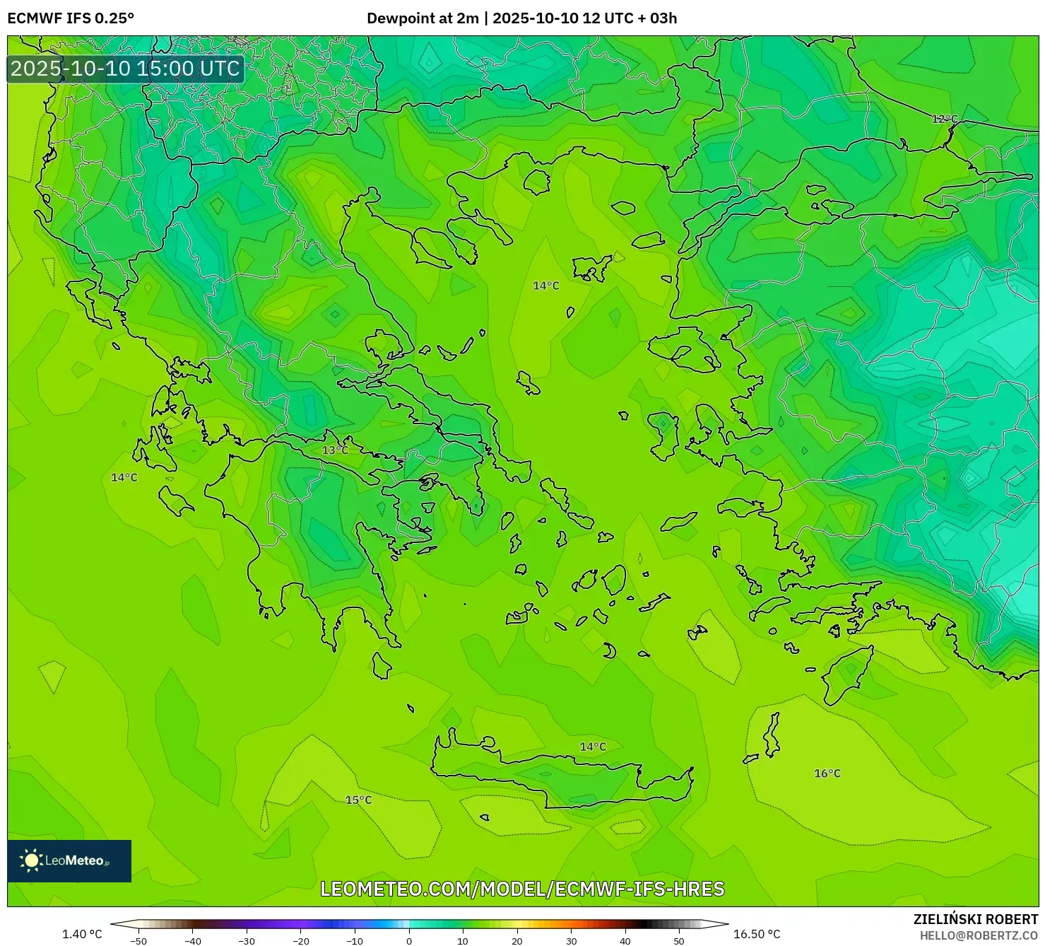 ECMWF IFS 0.25° model - Greece, Dewpoint at 2m ECMWF IFS 0.25° model - Greece, Dewpoint at 2m