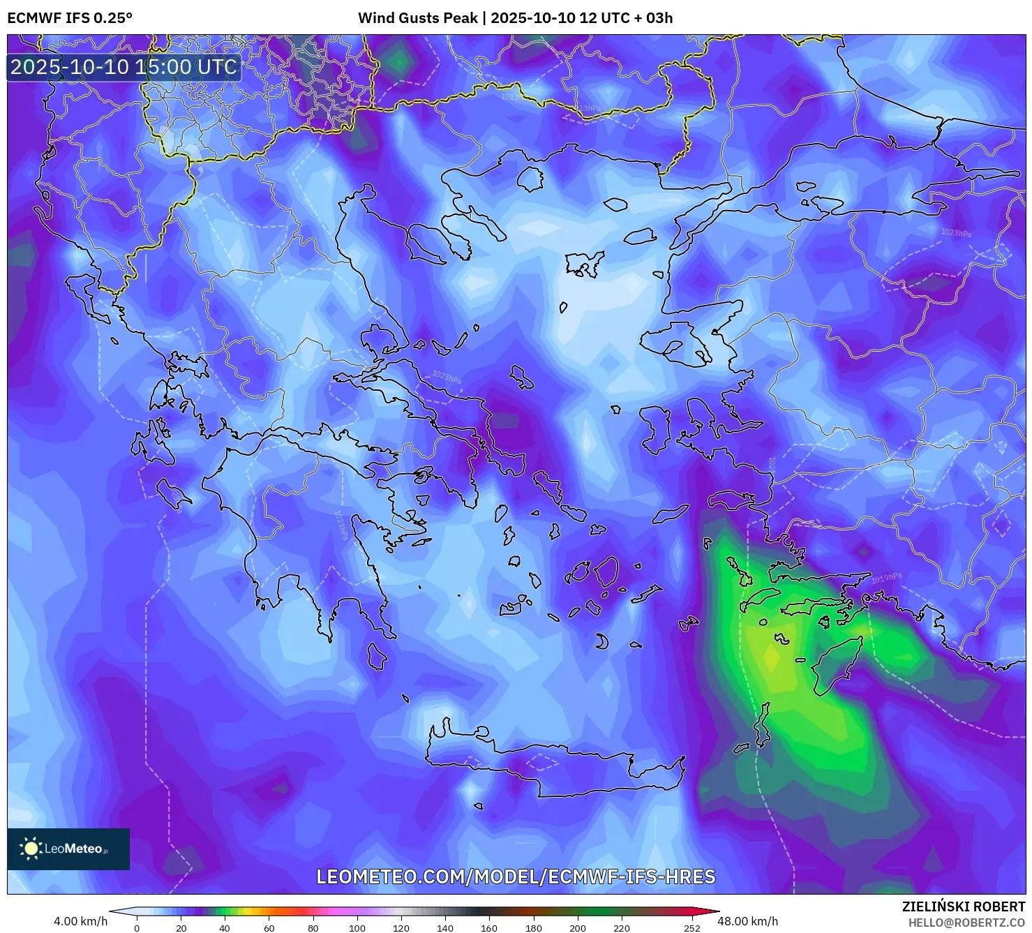 ECMWF IFS 0.25° model - Greece, Wind Gusts Peak ECMWF IFS 0.25° model - Greece, Wind Gusts Peak