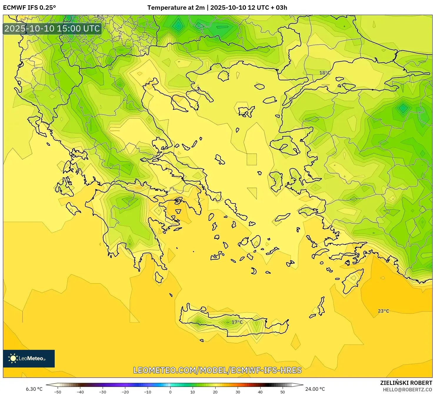 ECMWF IFS 0.25° model - Greece, Temperature at 2m ECMWF IFS 0.25° model - Greece, Temperature at 2m