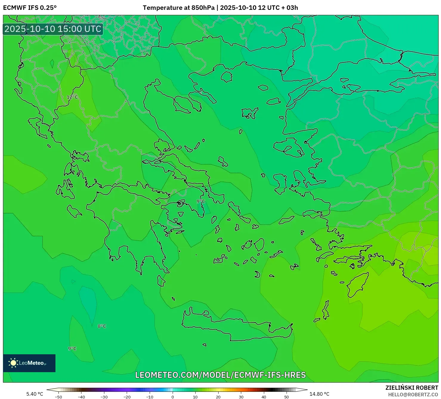 ECMWF IFS 0.25° model - Greece, Temperature at 850hPa ECMWF IFS 0.25° model - Greece, Temperature at 850hPa