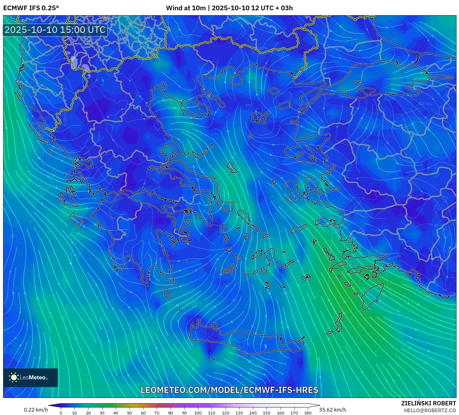ECMWF IFS 0.25° model - Greece, Wind at 10m ECMWF IFS 0.25° model - Greece, Wind at 10m