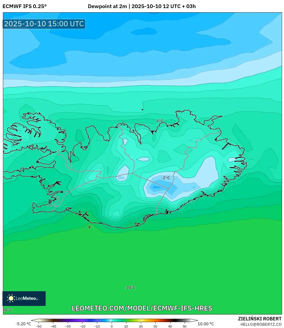 ECMWF IFS 0.25° model - Iceland, Dewpoint at 2m ECMWF IFS 0.25° model - Iceland, Dewpoint at 2m