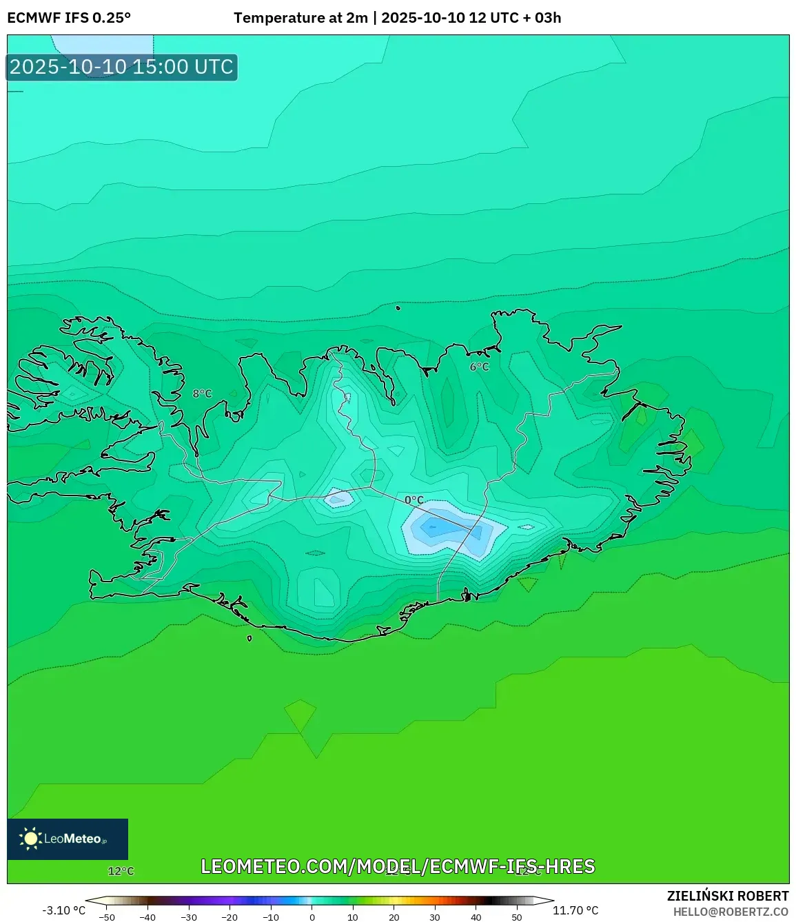 ECMWF IFS 0.25° model - Iceland, Temperature at 2m ECMWF IFS 0.25° model - Iceland, Temperature at 2m