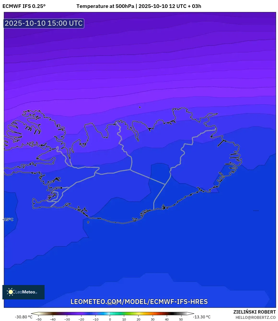 ECMWF IFS 0.25° model - Iceland, Temperature at 500hPa ECMWF IFS 0.25° model - Iceland, Temperature at 500hPa