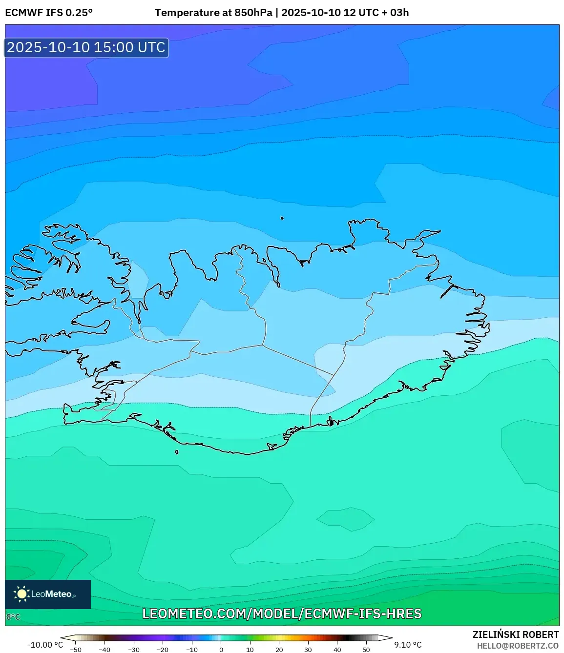 ECMWF IFS 0.25° model - Iceland, Temperature at 850hPa ECMWF IFS 0.25° model - Iceland, Temperature at 850hPa