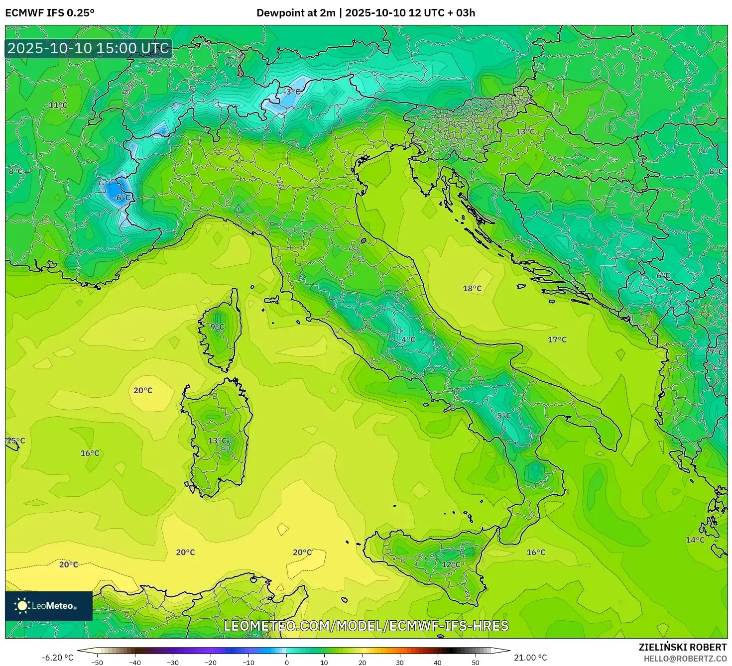 ECMWF IFS 0.25° model - Italy, Dewpoint at 2m ECMWF IFS 0.25° model - Italy, Dewpoint at 2m