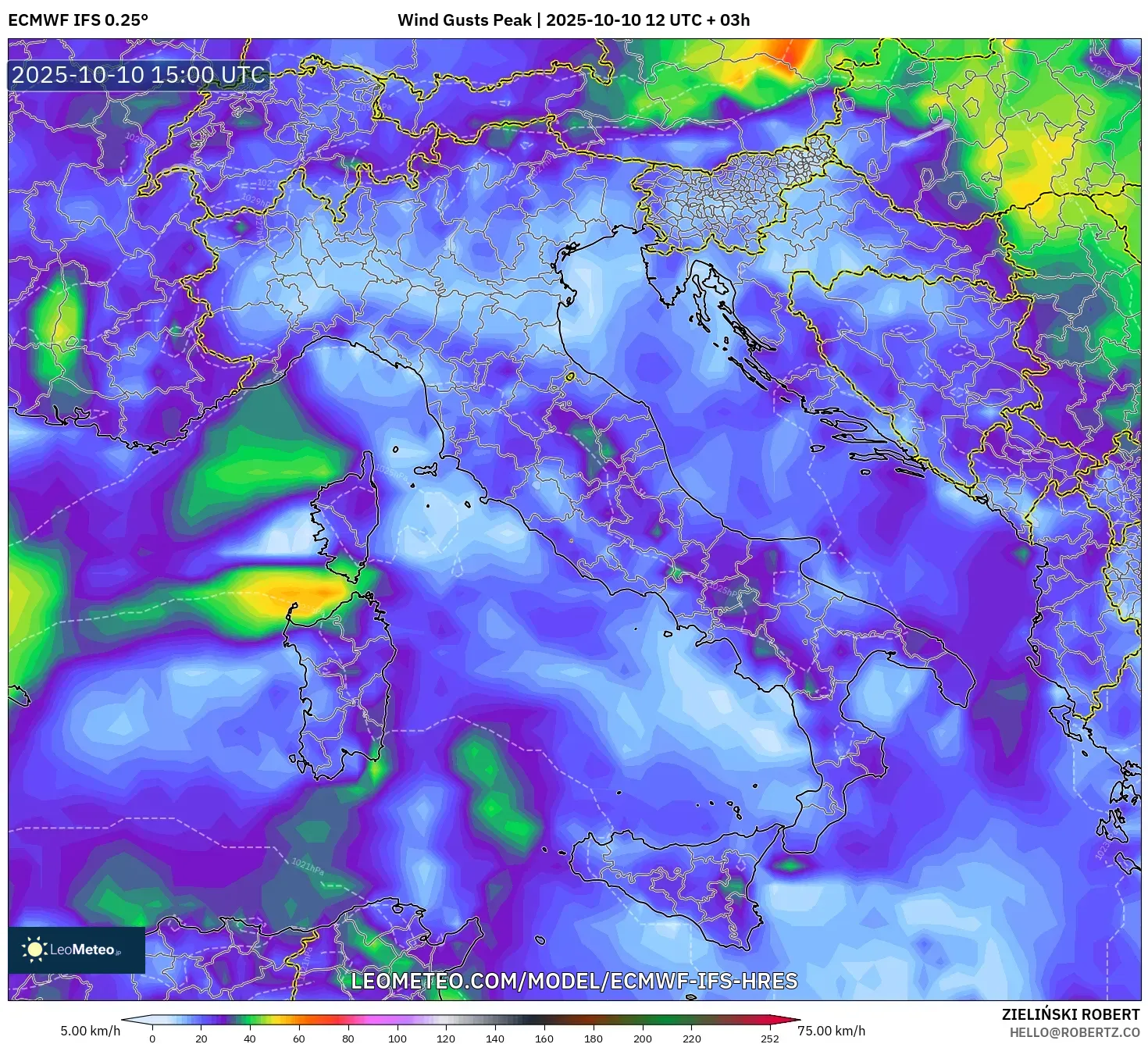 ECMWF IFS 0.25° model - Italy, Wind Gusts Peak ECMWF IFS 0.25° model - Italy, Wind Gusts Peak