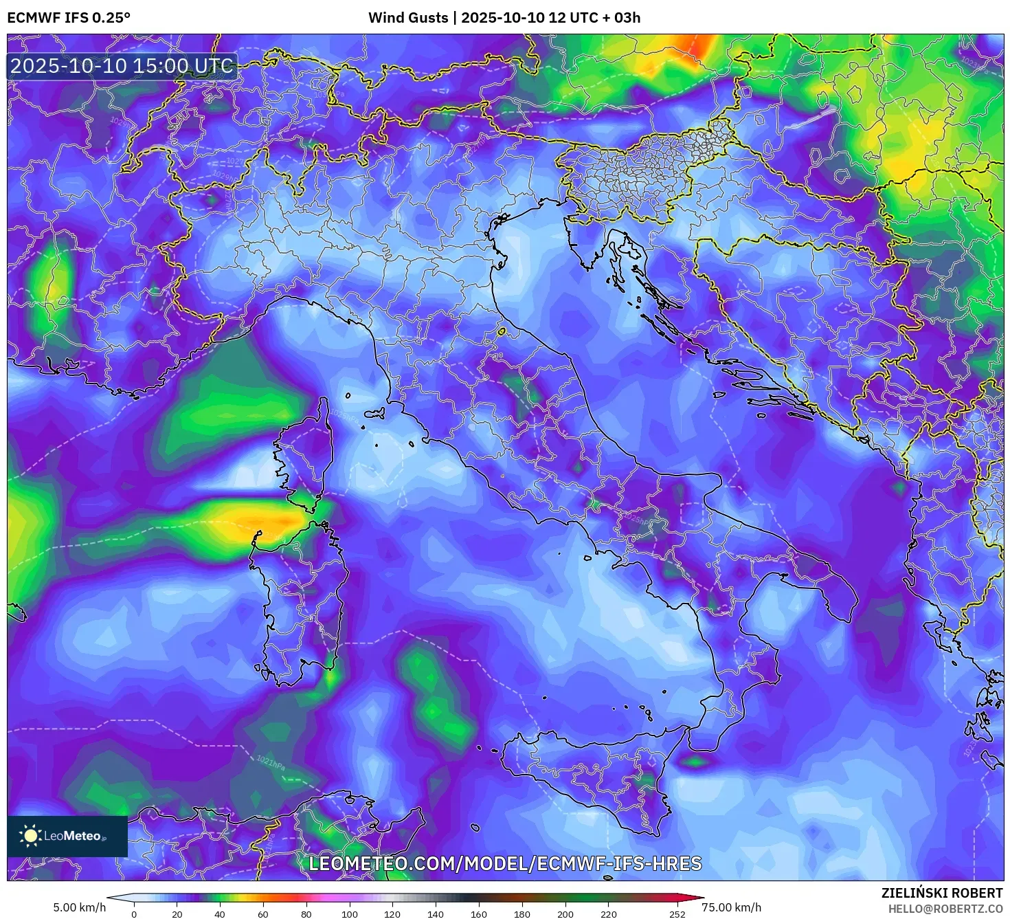 ECMWF IFS 0.25° model - Italy, Wind Gusts ECMWF IFS 0.25° model - Italy, Wind Gusts