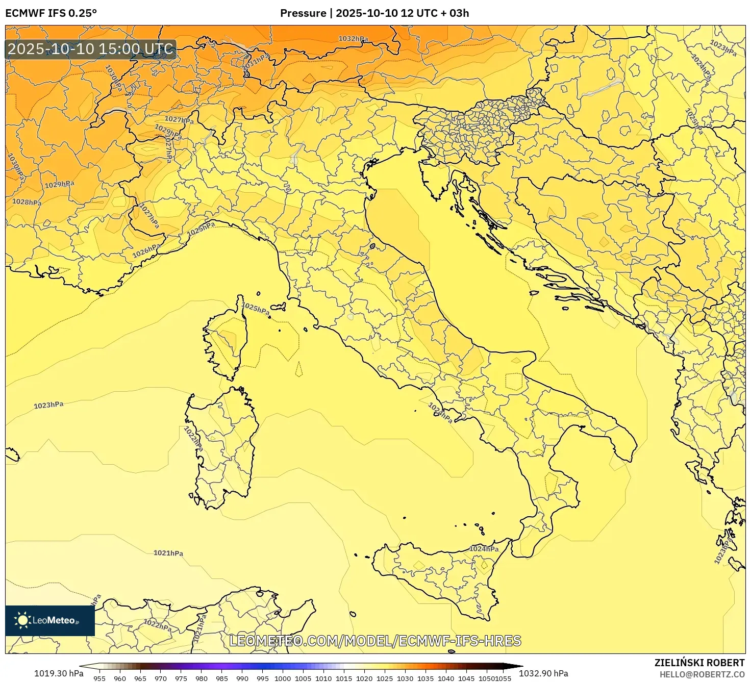 ECMWF IFS 0.25° model - Italy, Pressure ECMWF IFS 0.25° model - Italy, Pressure