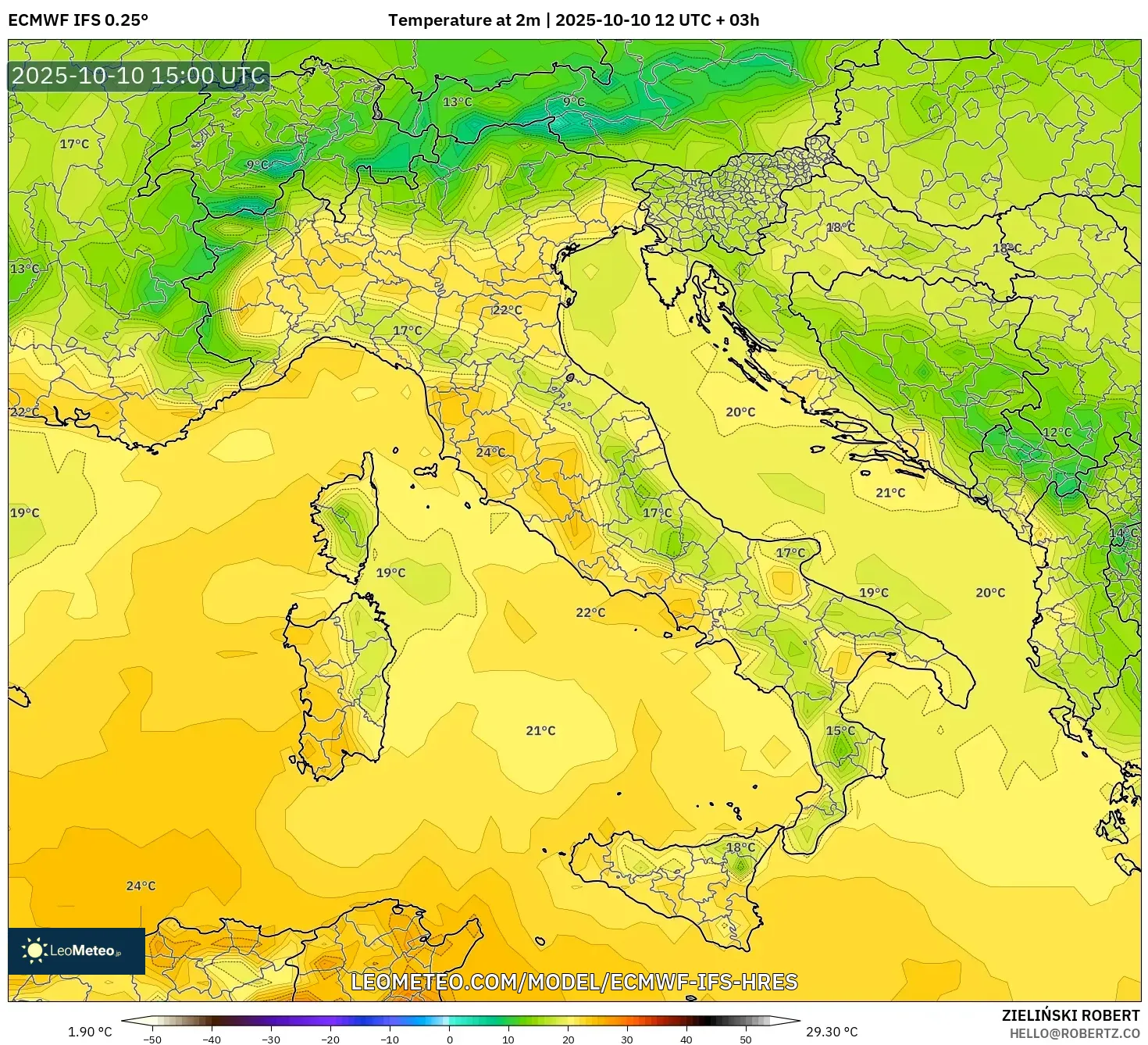 ECMWF IFS 0.25° model - Italy, Temperature at 2m