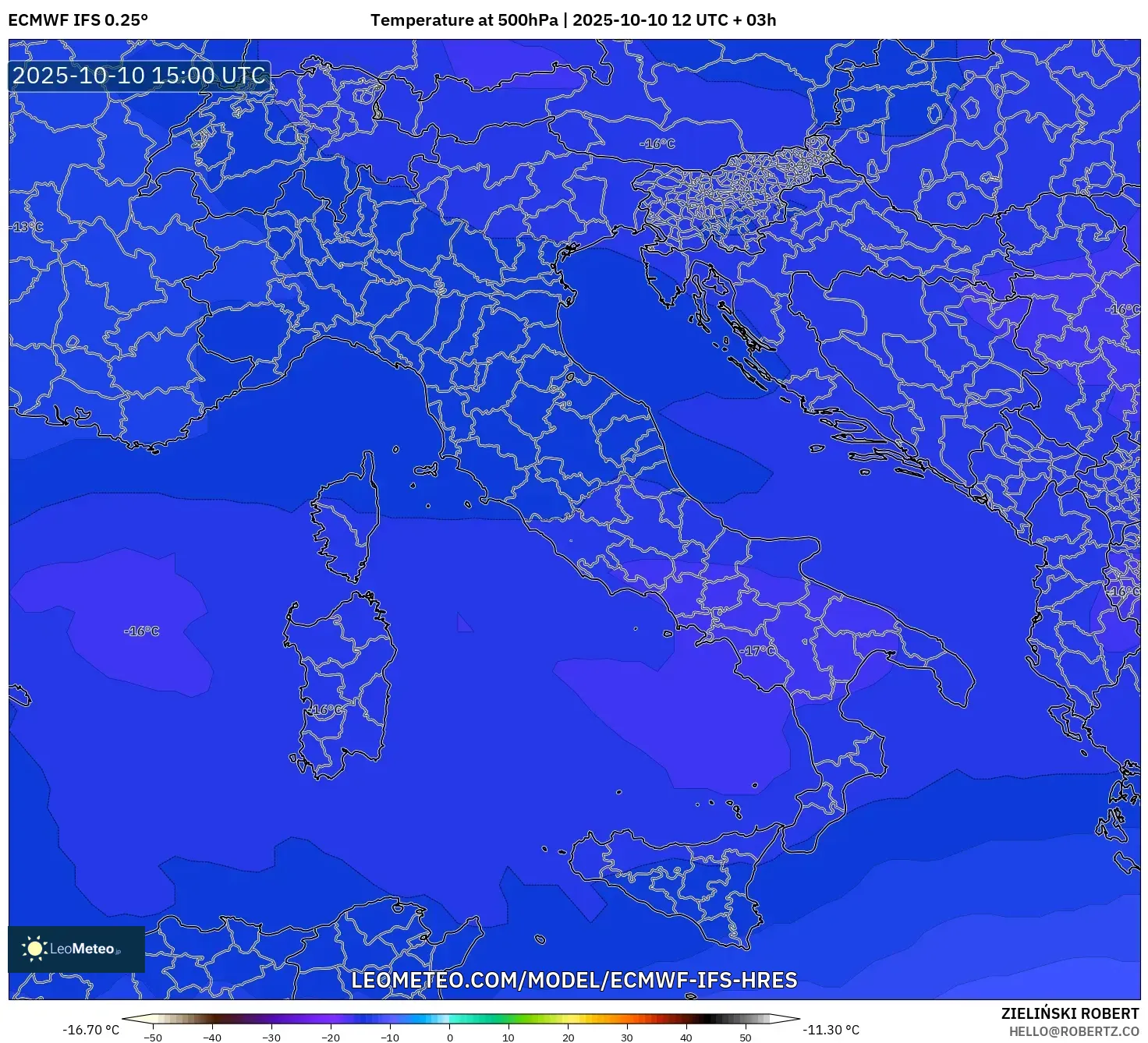 ECMWF IFS 0.25° model - Italy, Temperature at 500hPa