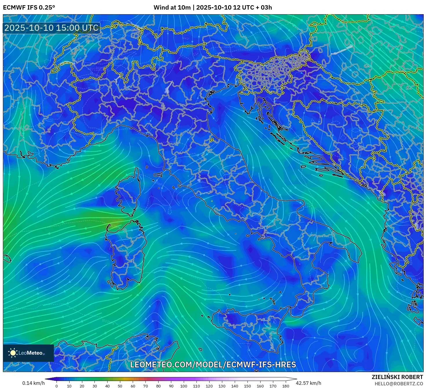 ECMWF IFS 0.25° model - Italy, Wind at 10m ECMWF IFS 0.25° model - Italy, Wind at 10m