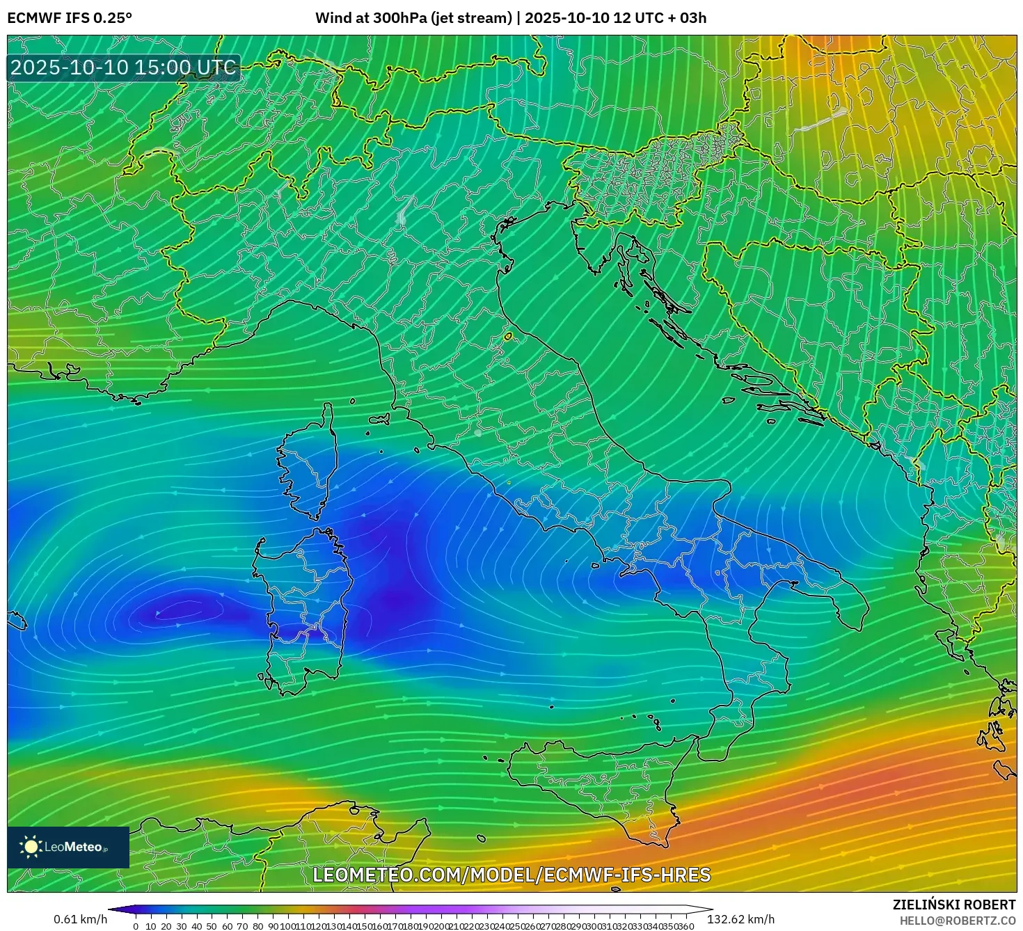 ECMWF IFS 0.25° model - Italy, Wind at 300hPa (jet stream) ECMWF IFS 0.25° model - Italy, Wind at 300hPa (jet stream)