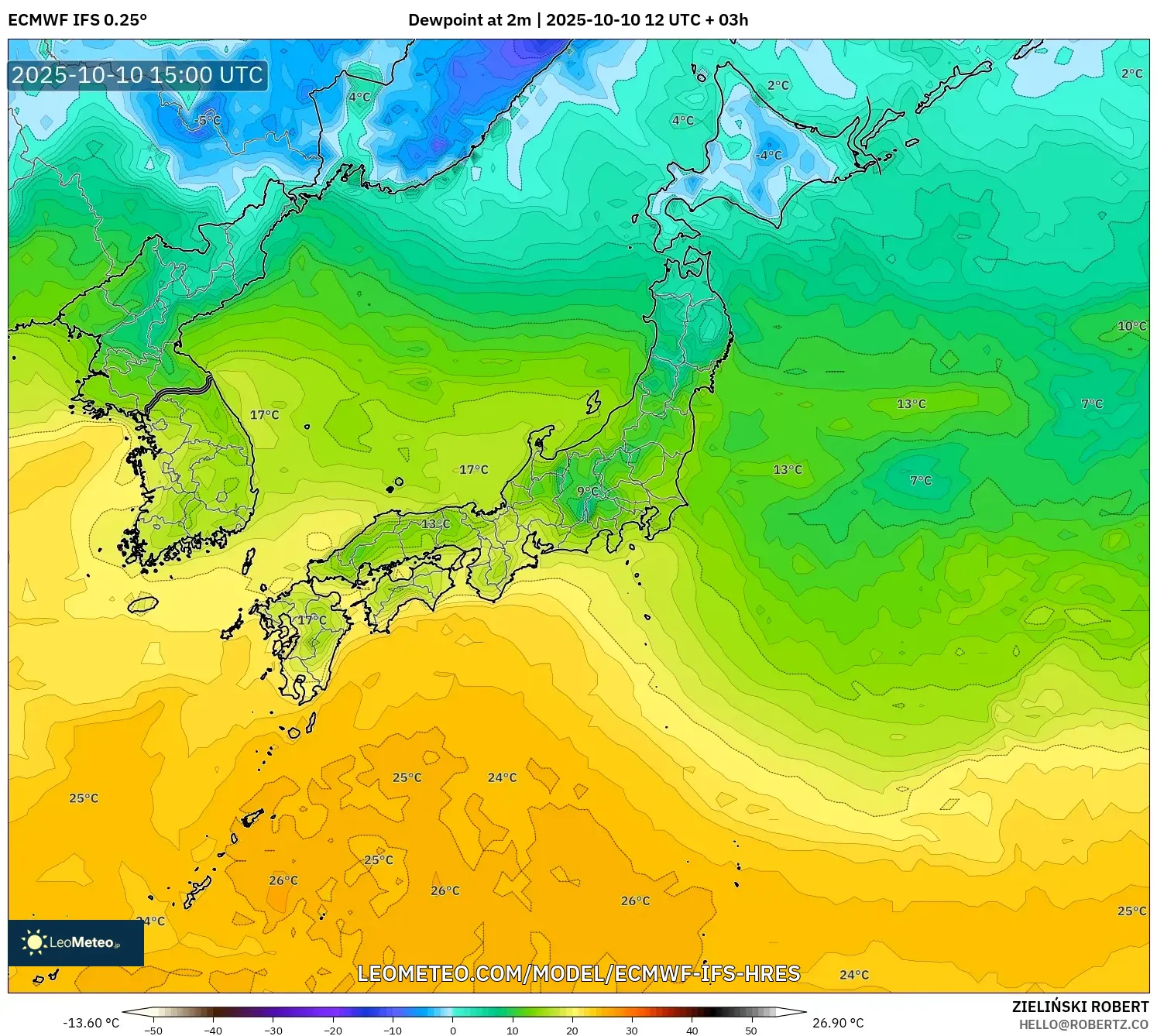 ECMWF IFS 0.25° model - Japan, Dewpoint at 2m ECMWF IFS 0.25° model - Japan, Dewpoint at 2m