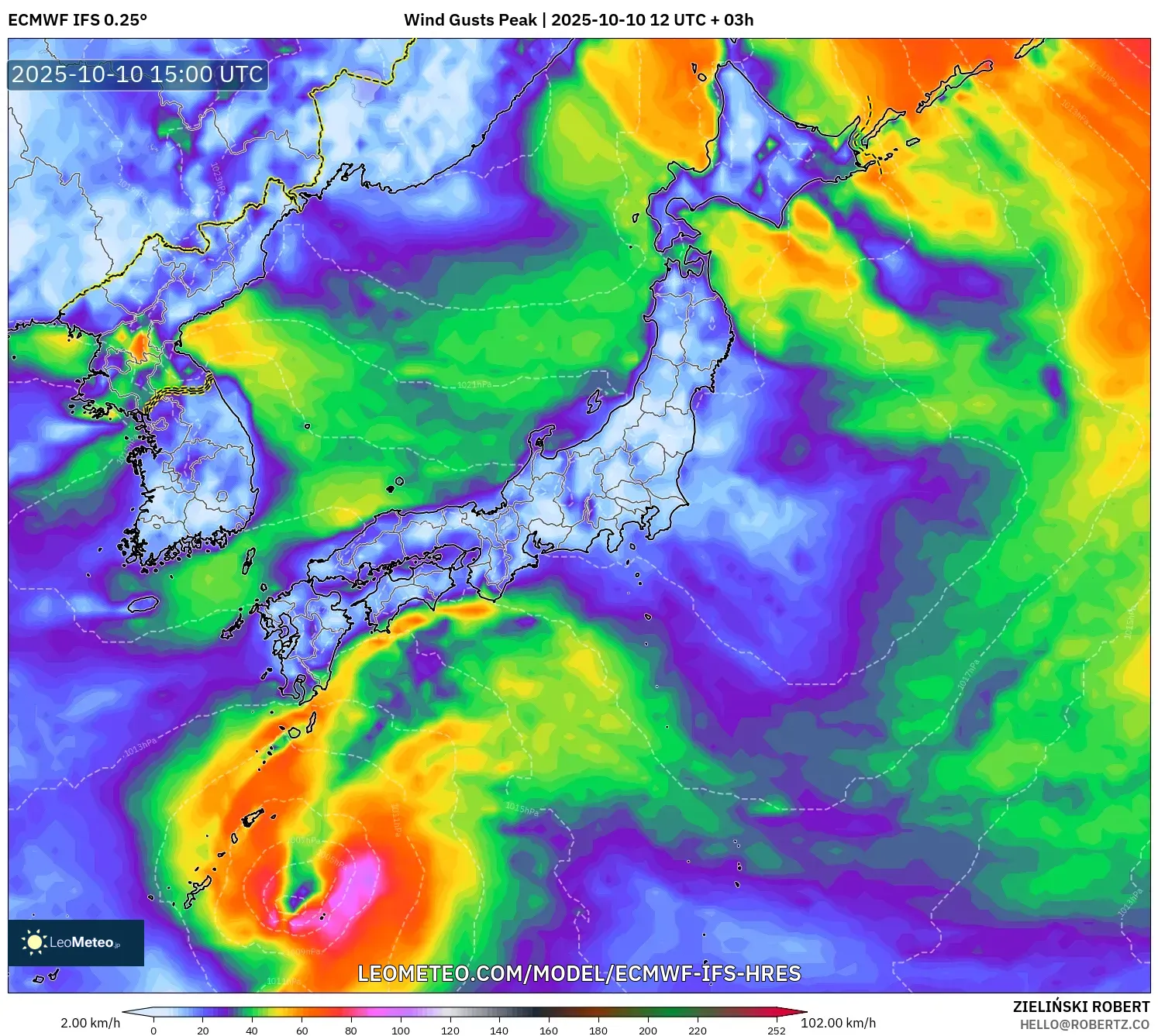 ECMWF IFS 0.25° model - Japan, Wind Gusts Peak ECMWF IFS 0.25° model - Japan, Wind Gusts Peak