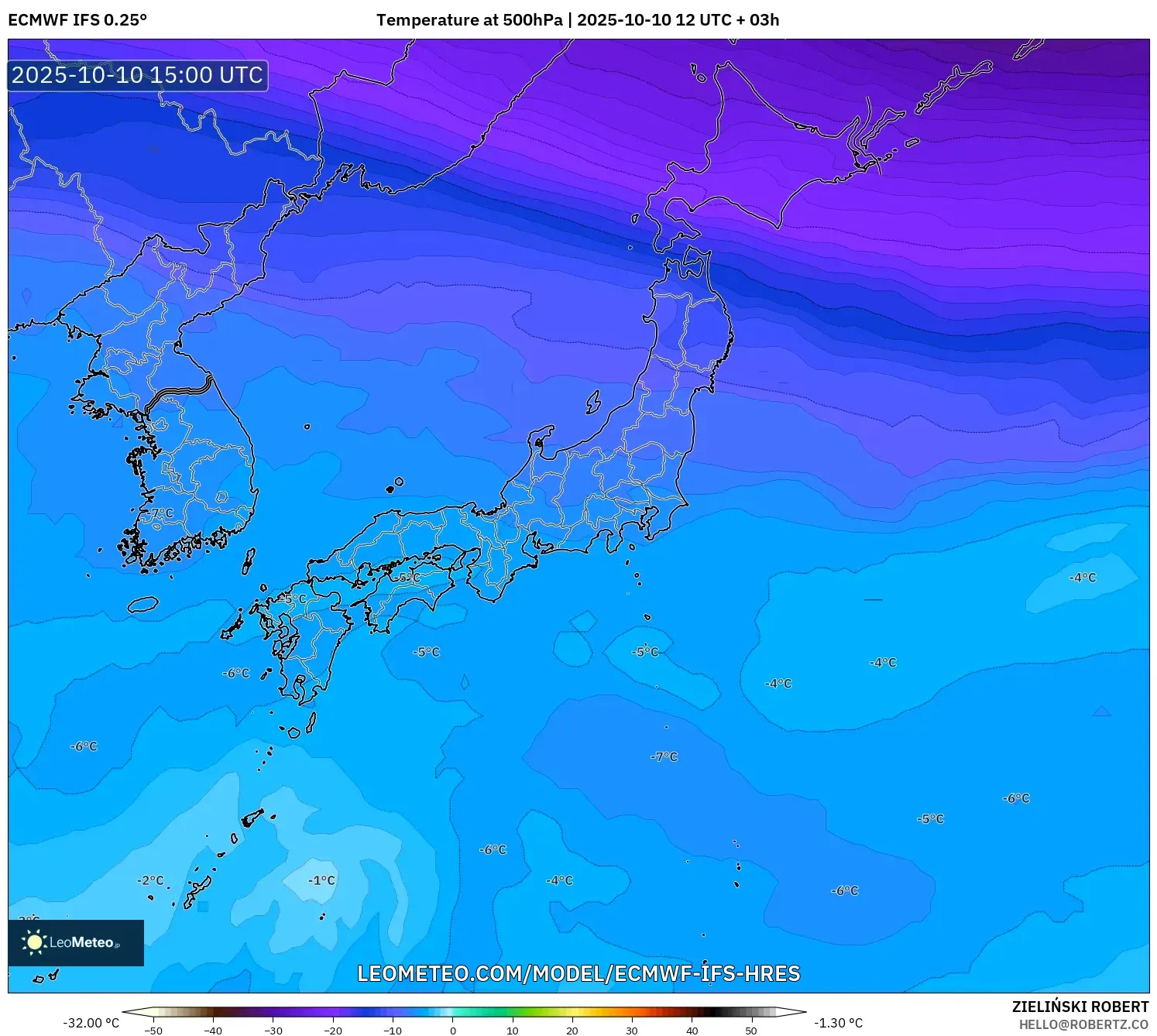 ECMWF IFS 0.25° model - Japan, Temperature at 500hPa