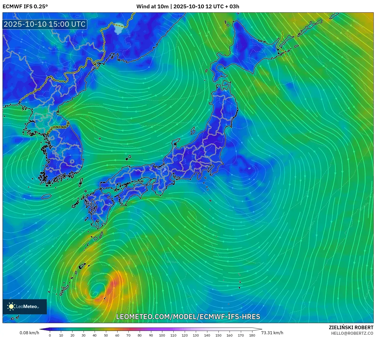ECMWF IFS 0.25° model - Japan, Wind at 10m ECMWF IFS 0.25° model - Japan, Wind at 10m