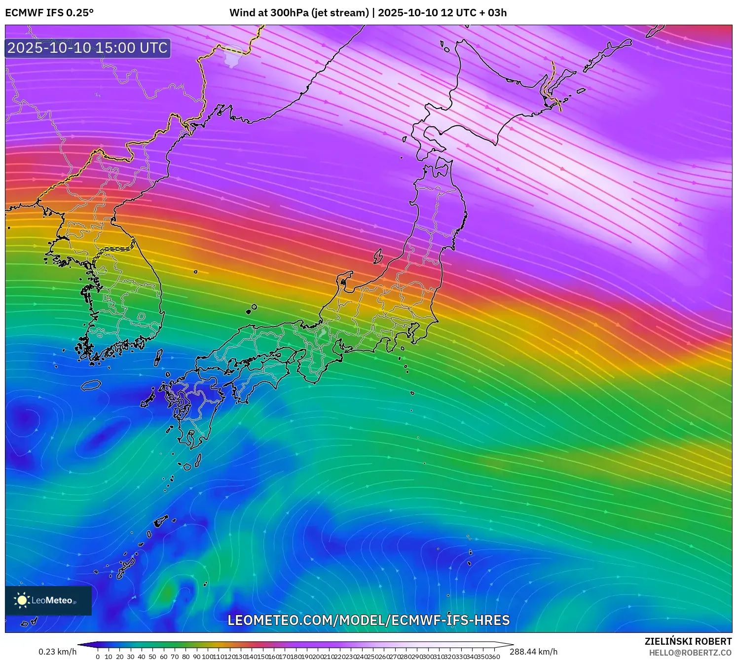 ECMWF IFS 0.25° model - Japan, Wind at 300hPa (jet stream)
