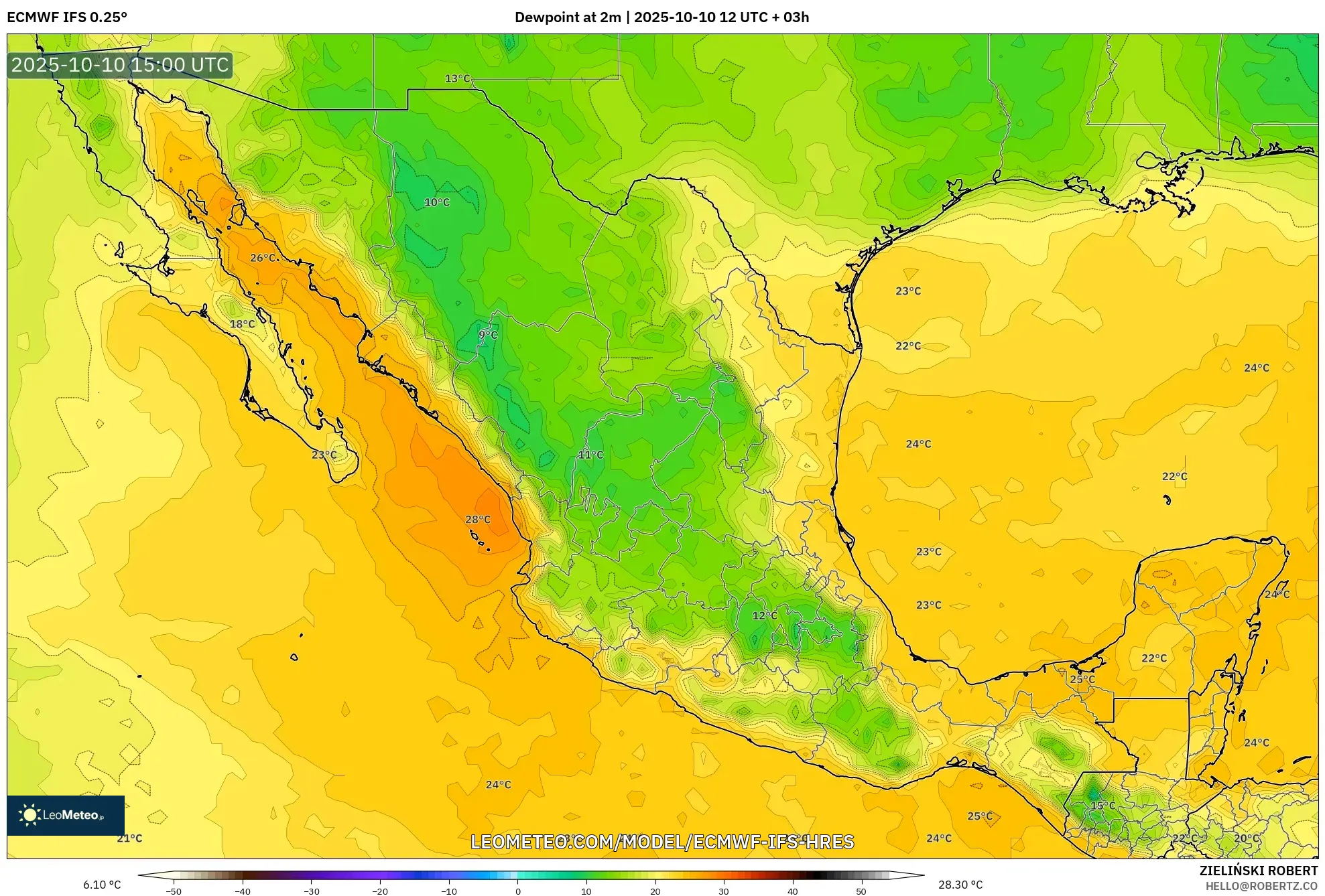 ECMWF IFS 0.25° model - Mexico, Dewpoint at 2m ECMWF IFS 0.25° model - Mexico, Dewpoint at 2m