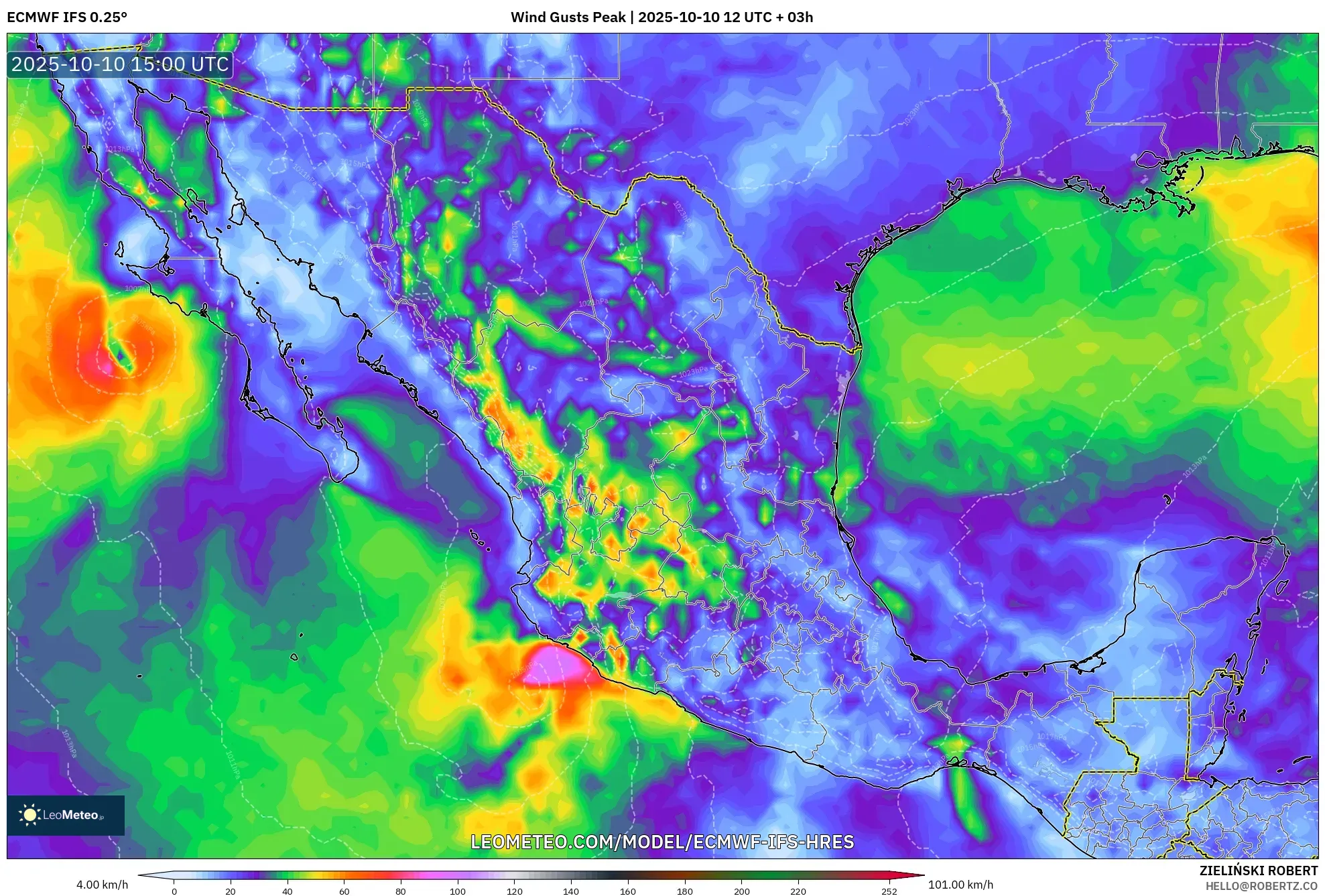 ECMWF IFS 0.25° model - Mexico, Wind Gusts Peak