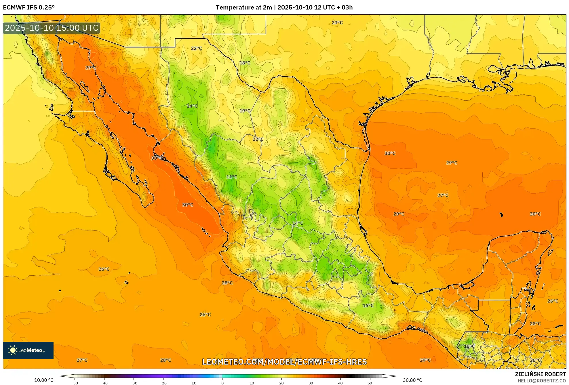 ECMWF IFS 0.25° model - Mexico, Temperature at 2m ECMWF IFS 0.25° model - Mexico, Temperature at 2m