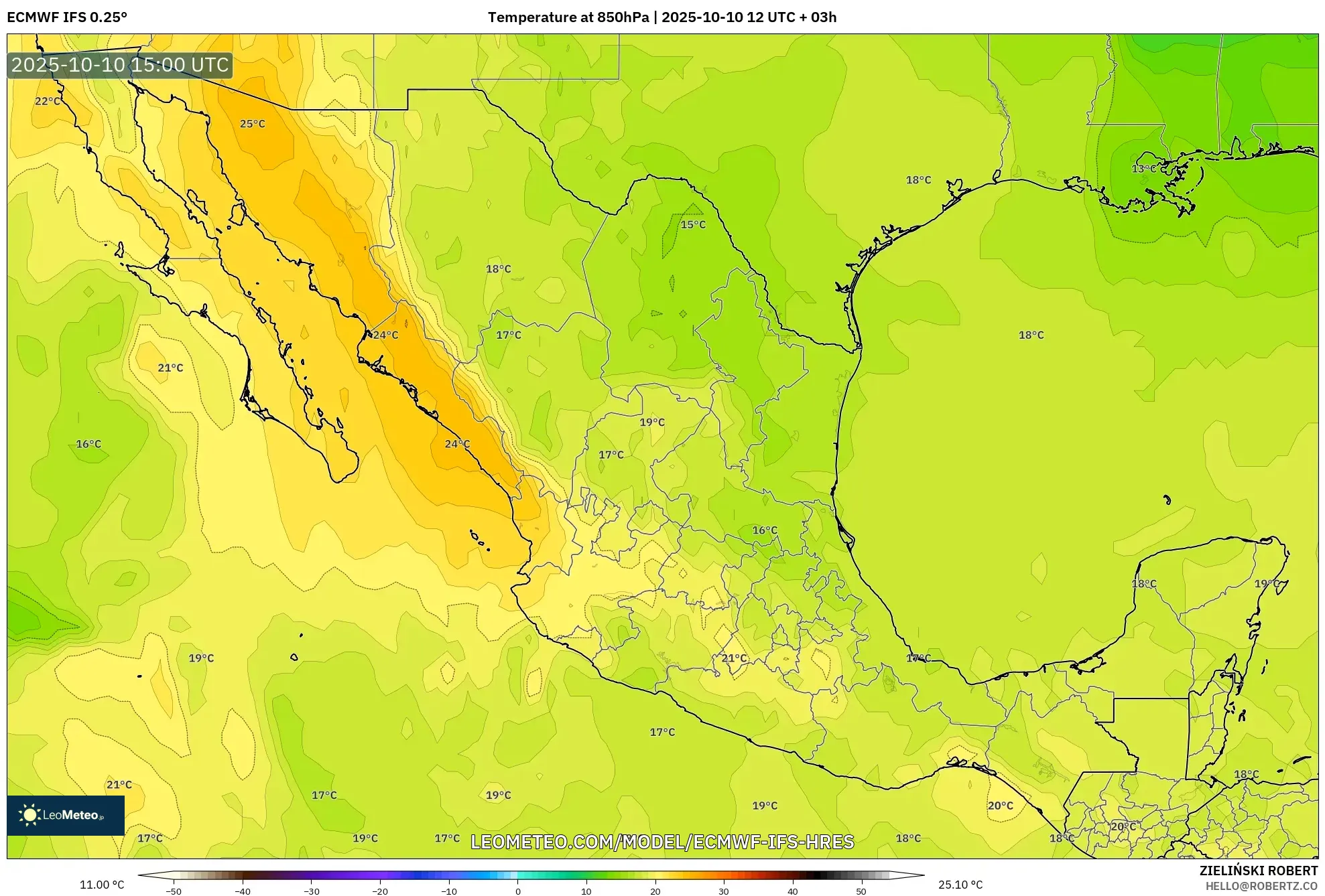 ECMWF IFS 0.25° model - Mexico, Temperature at 850hPa ECMWF IFS 0.25° model - Mexico, Temperature at 850hPa
