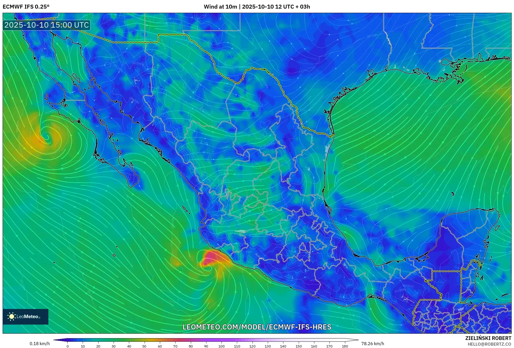 ECMWF IFS 0.25° model - Mexico, Wind at 10m