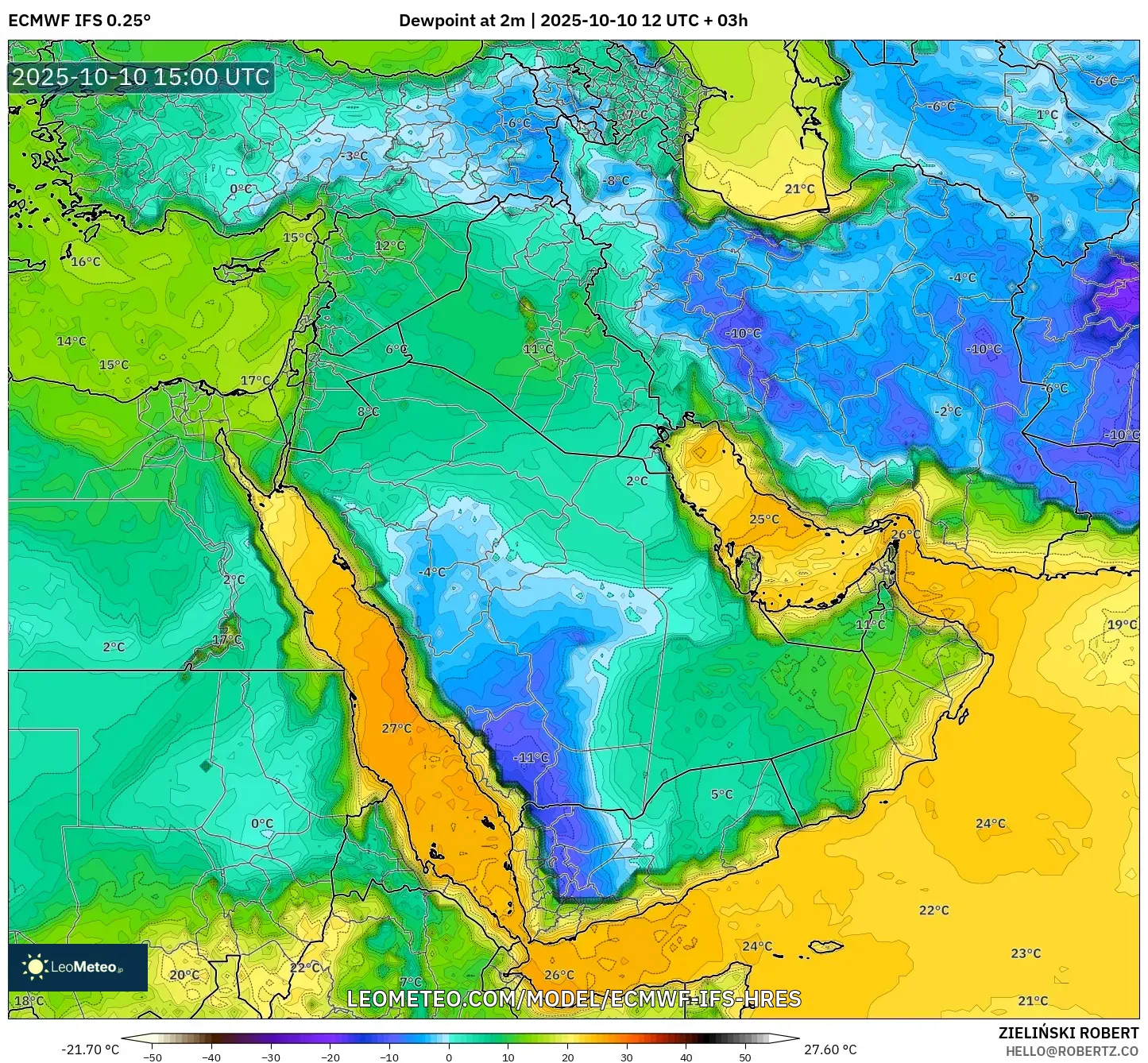 ECMWF IFS 0.25° model - Middle East, Dewpoint at 2m ECMWF IFS 0.25° model - Middle East, Dewpoint at 2m