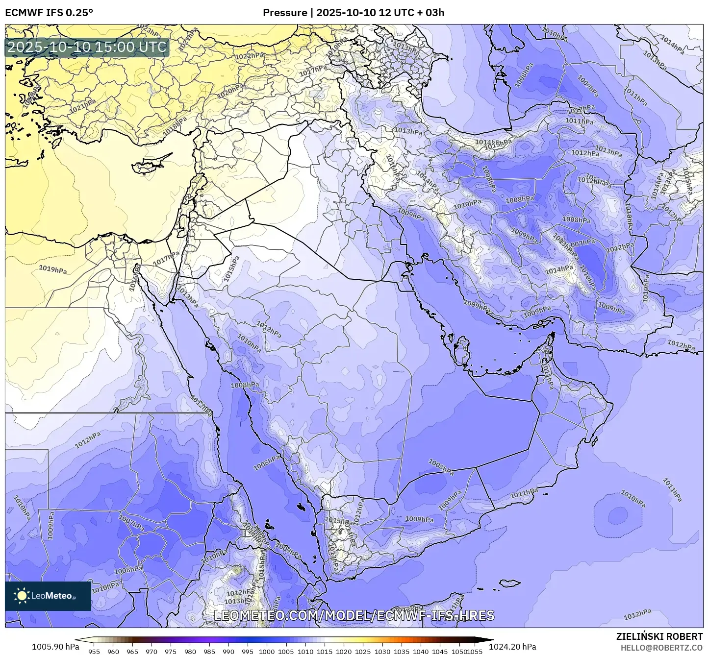 ECMWF IFS 0.25° model - Middle East, Pressure ECMWF IFS 0.25° model - Middle East, Pressure
