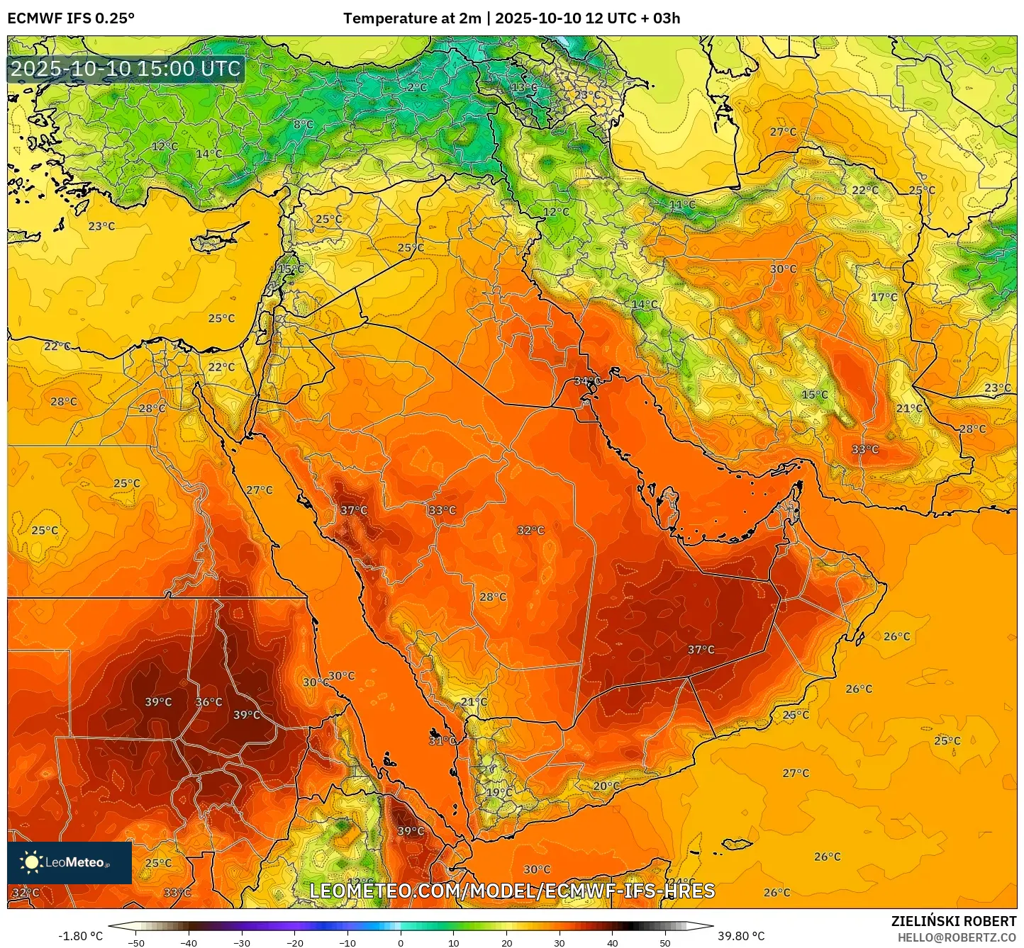 ECMWF IFS 0.25° model - Middle East, Temperature at 2m