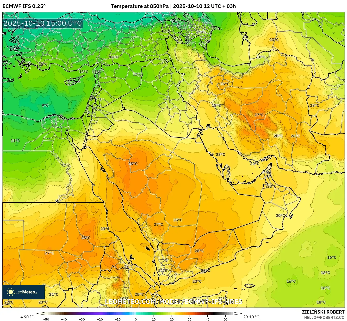 ECMWF IFS 0.25° model - Middle East, Temperature at 850hPa ECMWF IFS 0.25° model - Middle East, Temperature at 850hPa