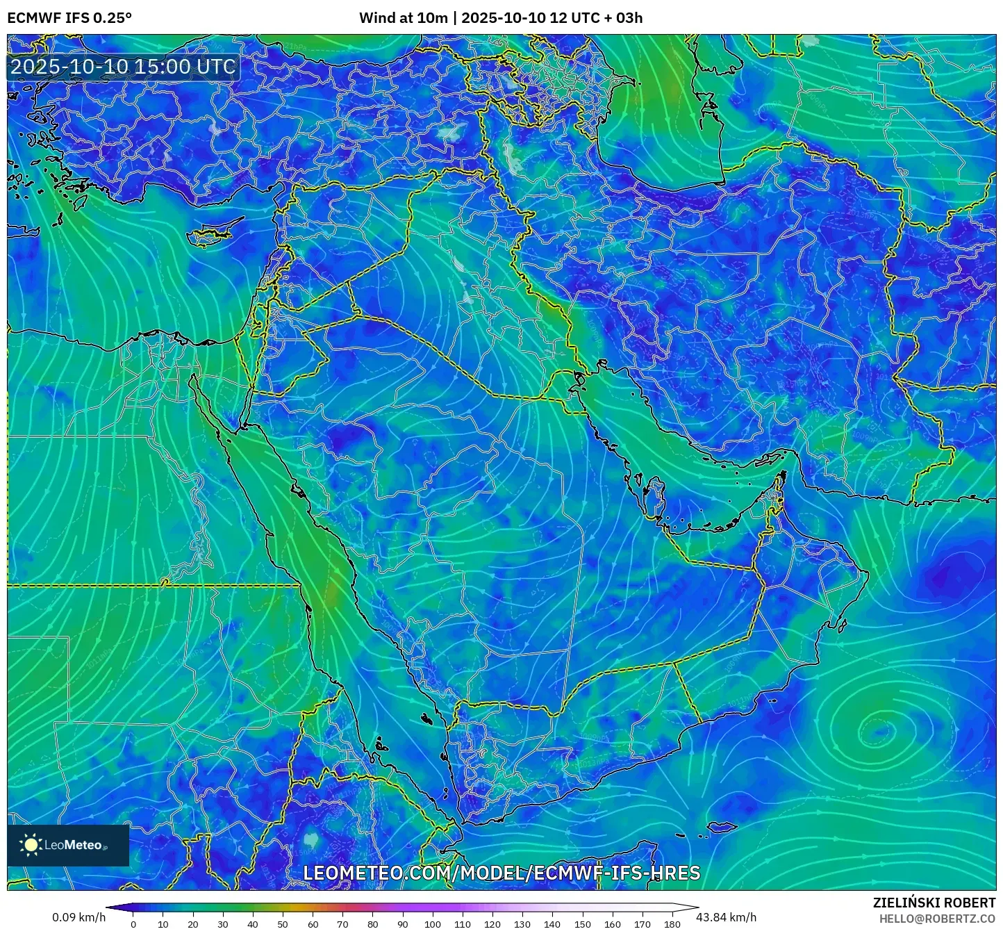 ECMWF IFS 0.25° model - Middle East, Wind at 10m ECMWF IFS 0.25° model - Middle East, Wind at 10m